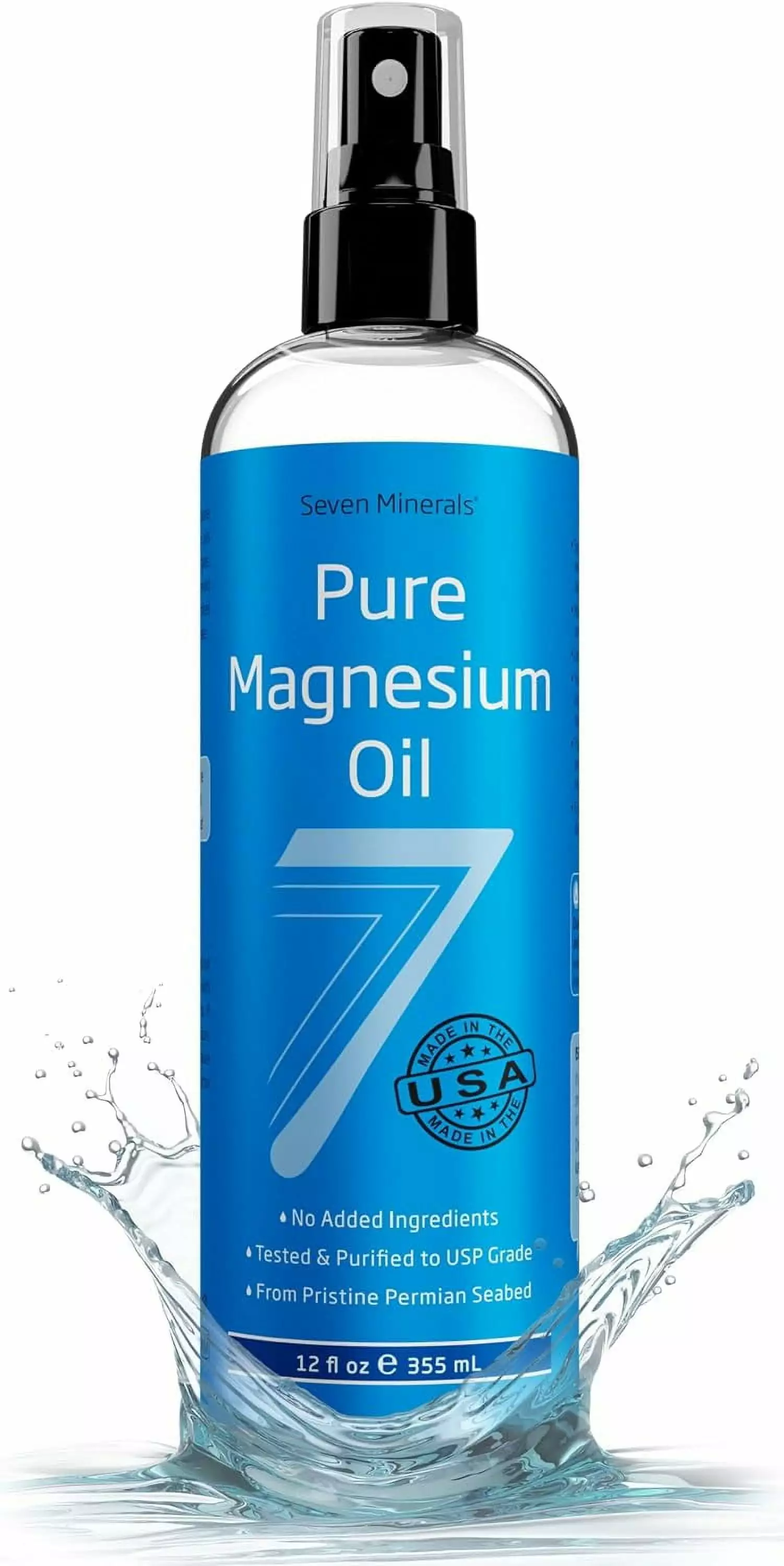 Pure Magnesium Oil Spray - Big 12 fl oz (Lasts 9 Months) - 100% Natural. USP Grade = No Unhealthy Trace Minerals - from an Ancient Underground Permian Seabed in USA - Seven Minerals