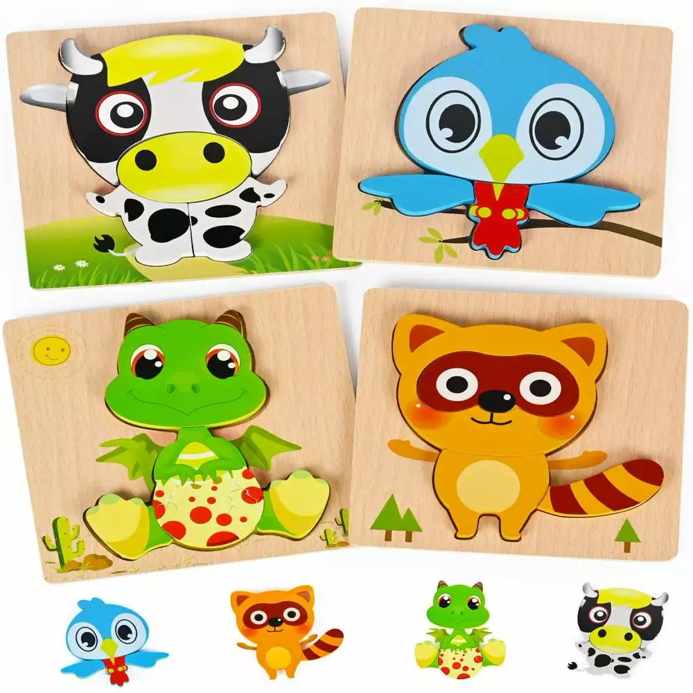 QJUHUNG 4 Pack Wooden Toddler Puzzles Toys for 3 4 5 Year Old Boys Girls Animal Jigsaw Puzzles Learning Educational Montessori Toys Christmas Birthday Gifts for Kids Ages 3-6