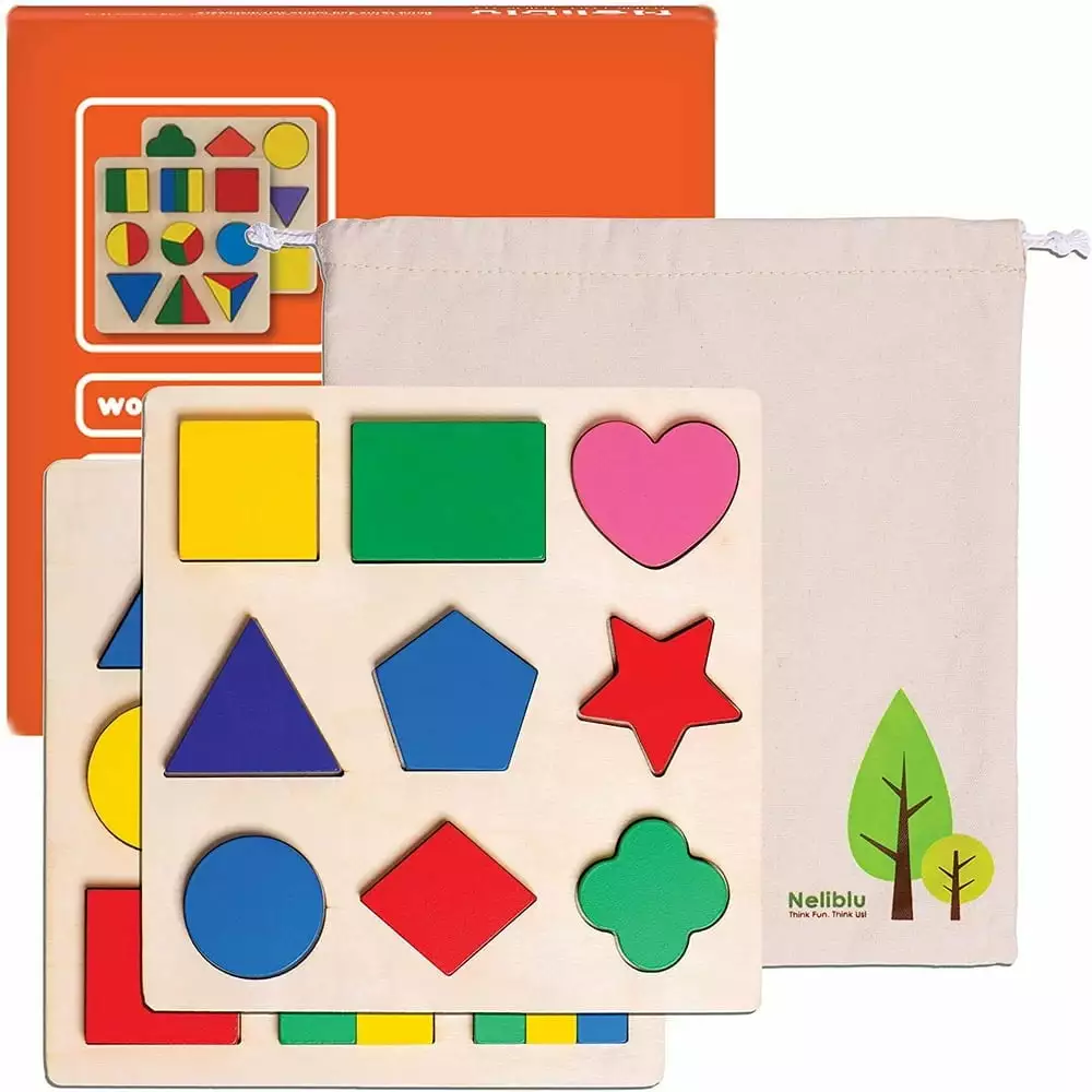 QJUHUNG Set of 2 Wooden Shape Puzzles for Toddlers 1-3 with Assorted Blocks - Safe and Vibrant Montessori Toys for Little Girls and Boys - Shape Puzzles and Toy Blocks