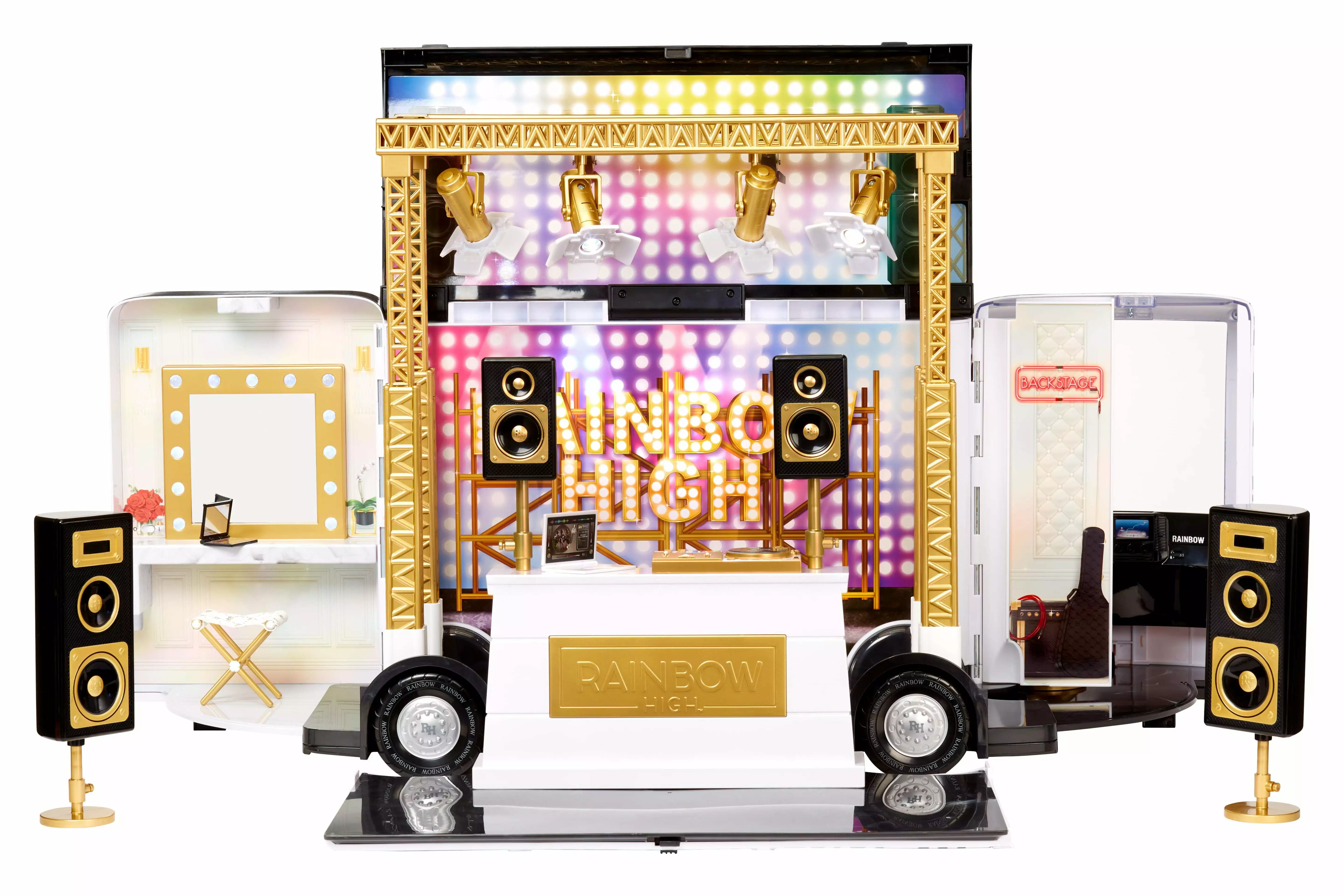 Rainbow High Rainbow Vision World Tour Bus & Stage. 4-in-1 Doll Playset with Lights. 33 Wide