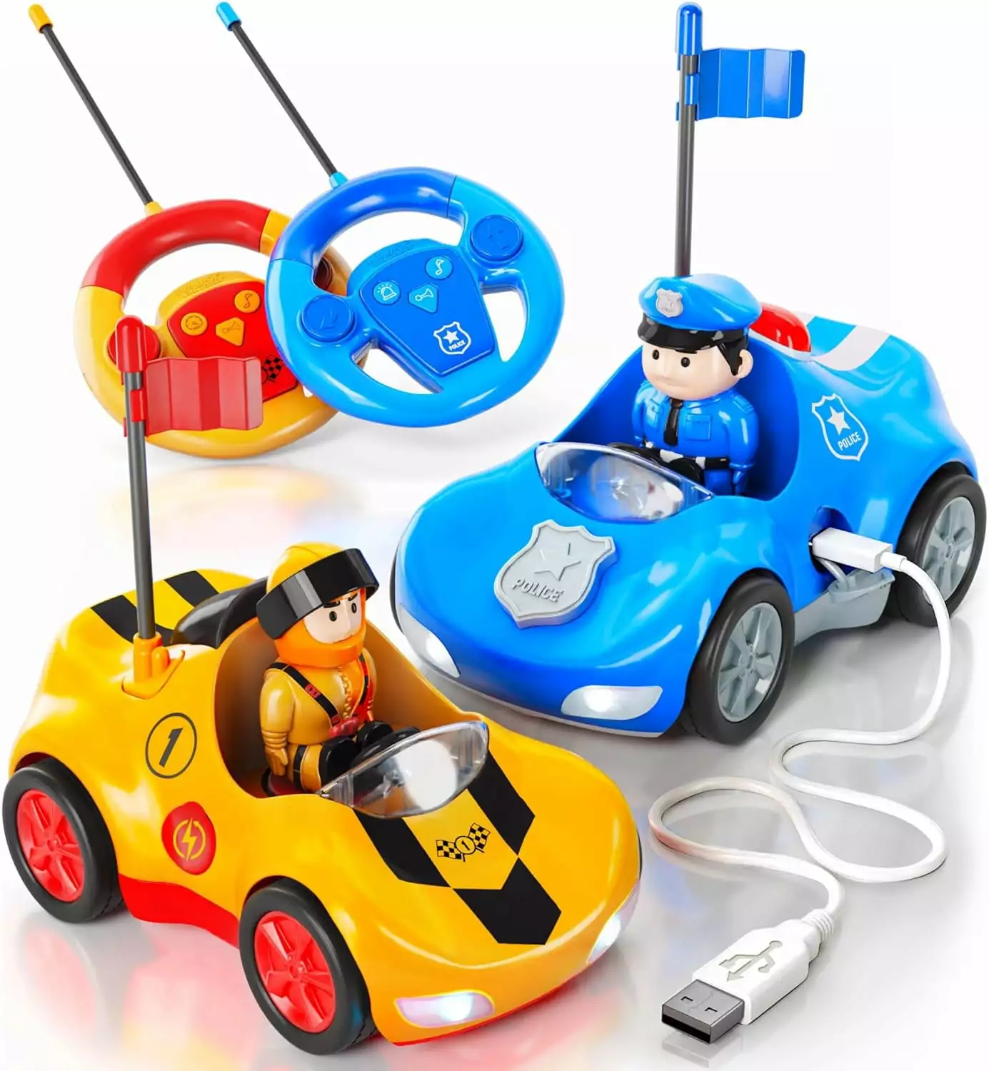 Rechargeable Remote Control Cartoon Cars for Little Kids. 2 Pack Police & Race RC Car - Toys for 3 - 6 Year Old Boy - Gifts for Boys Ages 3-6. Birthday Toy Gift Ideas for Toddler. Christmas Kid