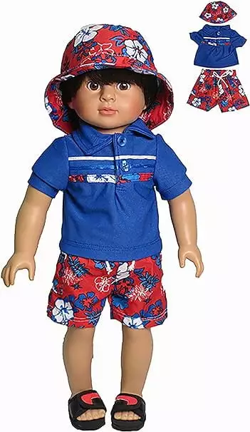 Red and Blue Collared Shirt. Floral Pants. and Hat for 18-Inch Boy Dolls | Doll Clothes