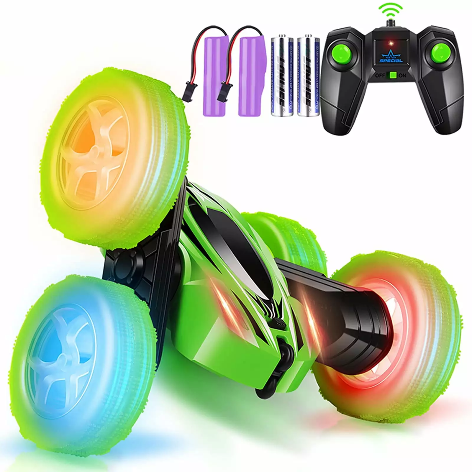 Stunt Car Remote Control Car Double-Sided Drive 360?? Rollover Rotary Car Toys. 2.4GHz 4WD Fast RC Car Children's Toys Ages 6-13(Green)