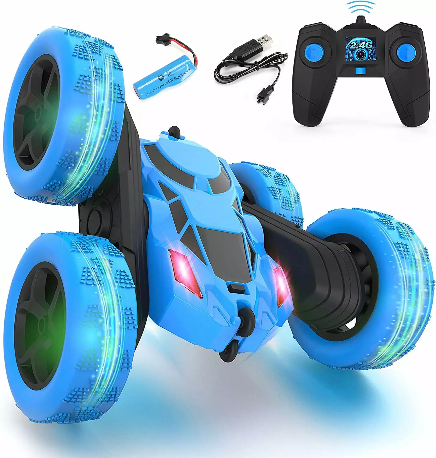 Remote Control Car Double Sided 360??Rotating 4WD RC Cars with Headlights 2.4GHz Electric Race Stunt Toy Car Rechargeable Toy Cars for Boys Girls Birthday (Blue)