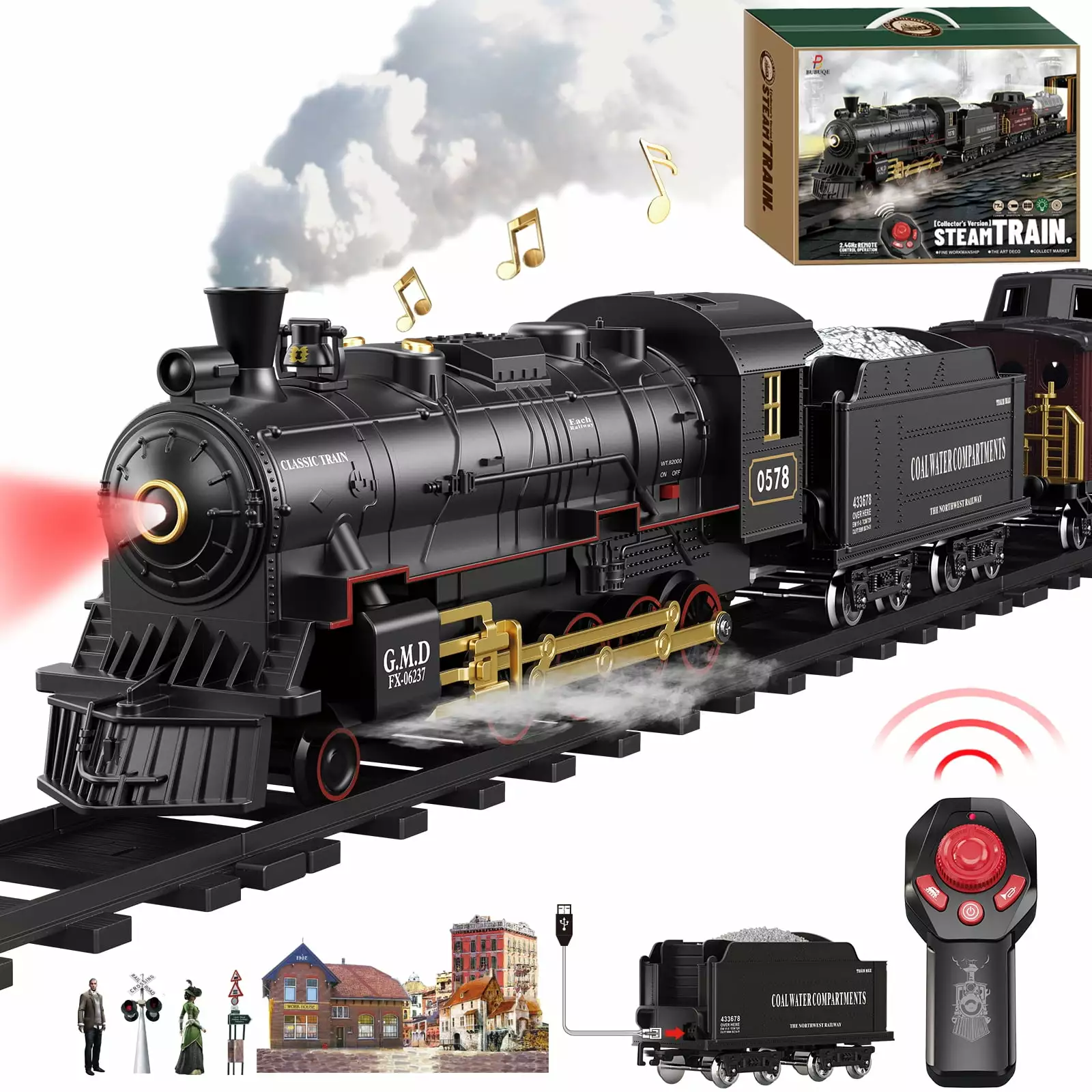 Remote Control Train Set Steam Locomotive. Cargo Car & Tracks. Electric Rechargeable Train Toys with 3 Smoke.Whistle & Lights. for Kids Ages 3 4 5 6 7 8+ Year Old