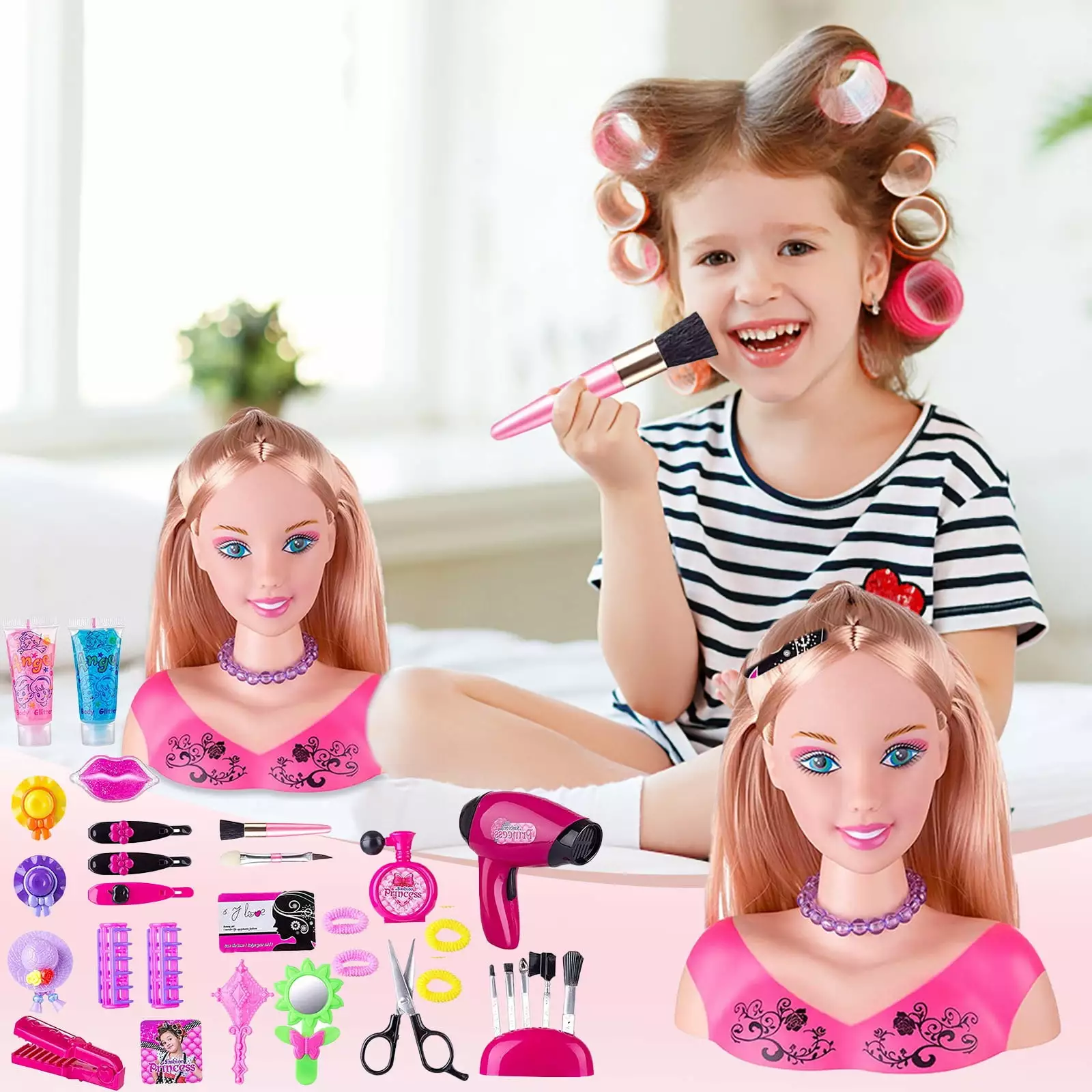 Rlmidhb Girl's Half-Body Doll Set for Hair and Makeup | Pretend Play Beauty Model Toy| Kids Styling And Makeup Head Pretend Playset. 34Pcs Styling Head Doll Toy