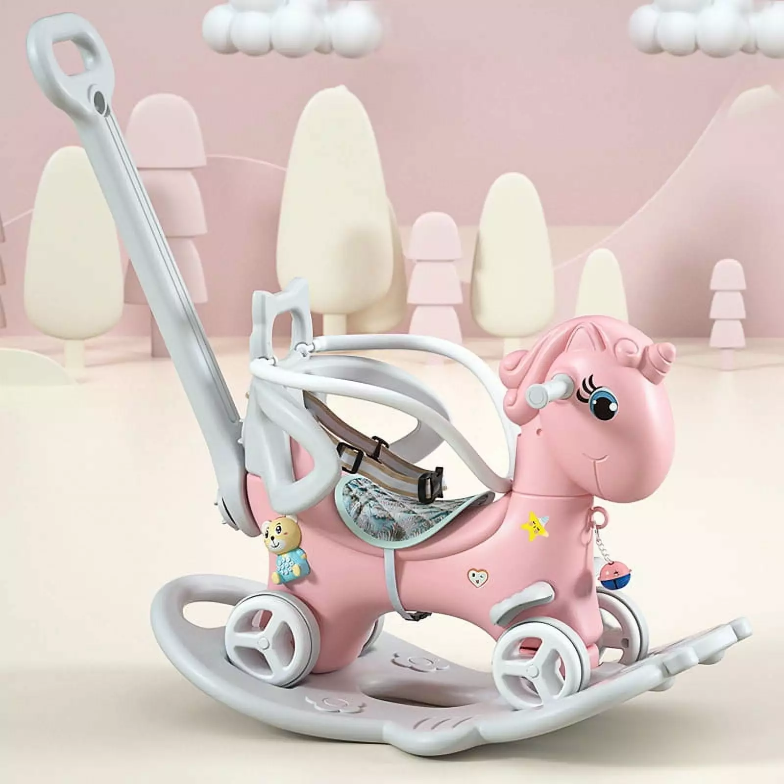 Rocking Horse for Toddlers. Balance Bike Ride On Toys with Push Handle. Backrest and Balance Board for Baby Girl and Boy. Unicorn Kids Pink Color