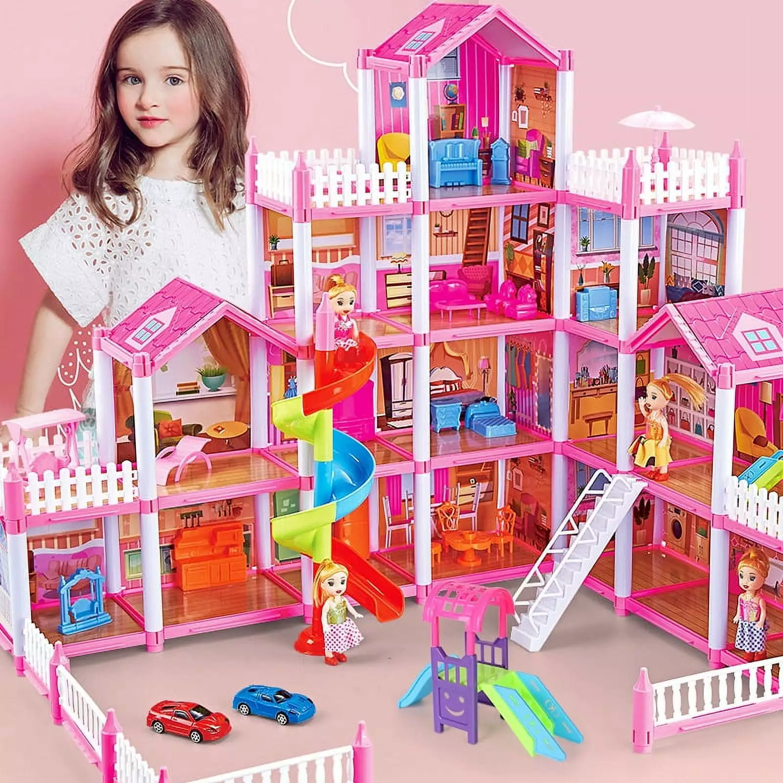 SEREE Doll House Dreamhouse for Girls. Boys - 4-Story 16Rooms Playhouse with 4 Dolls Toy Figures. Fully Furnished with Lights. Play House with Accessories. ChristmasGift Toy for Kids Ages 3 4 5 6 7 8+