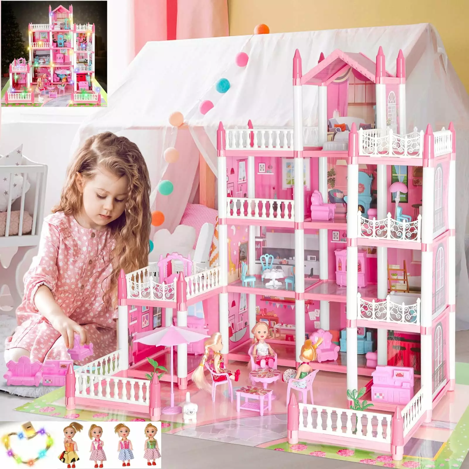 SEREE Doll House for Girls. 4-Story 11 Rooms Playhouse with 4 Dolls Toy Figures. Princess Dreamhouse with Furniture & Rooms Accessories & Light Strip. Christmas Gift Toy for Kids Ages 3 4 5 6 7 8+