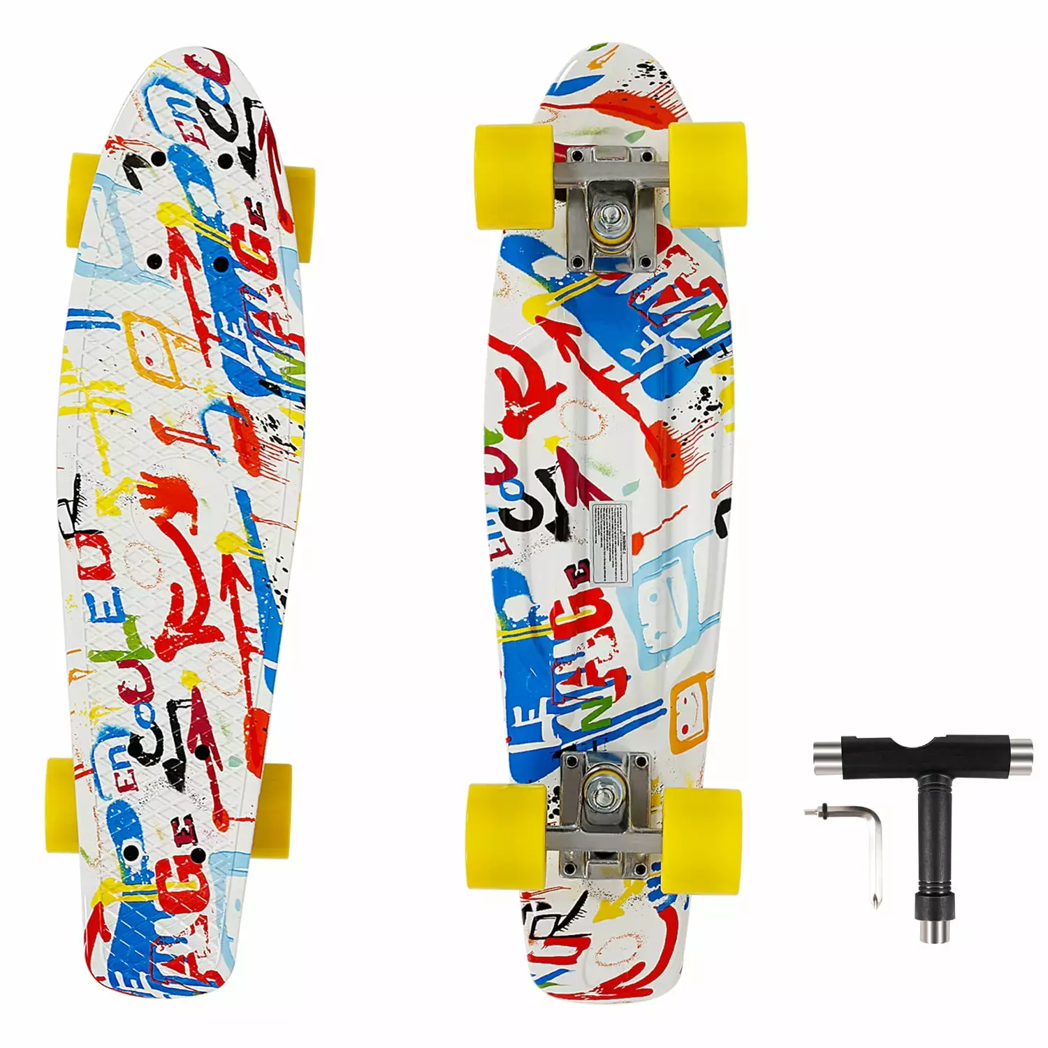 SISIGAD Beginner Complete Skateboard 22 inch Double Kick Skateboard with T Tool Accessory Mini Cruiser Skateboard for Kids. Teens. Youths. Graffiti White