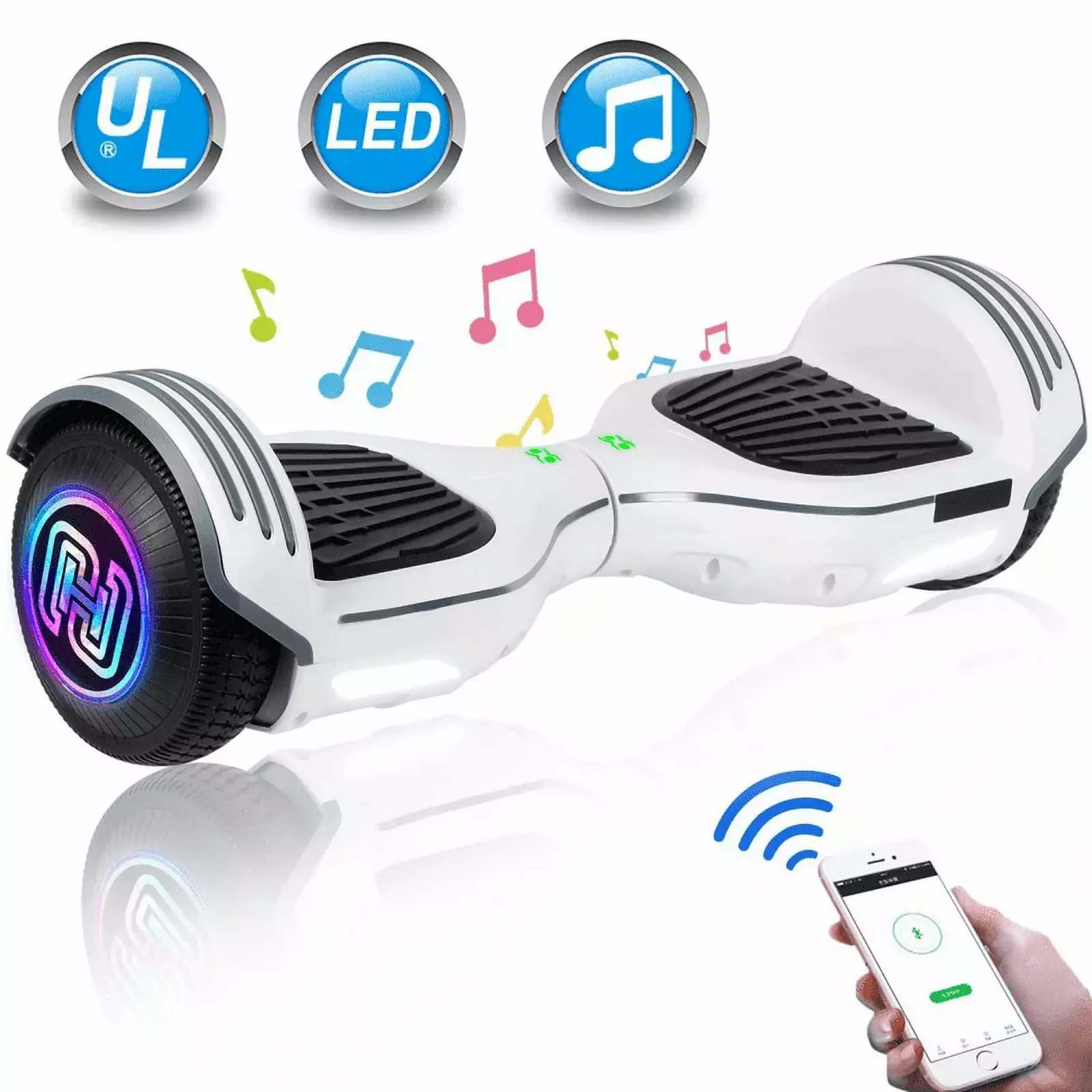 SISIGAD Hoverboard with Bluetooth Speaker 6.5 Self Balancing Wheel Scooter for Kids Adults. White