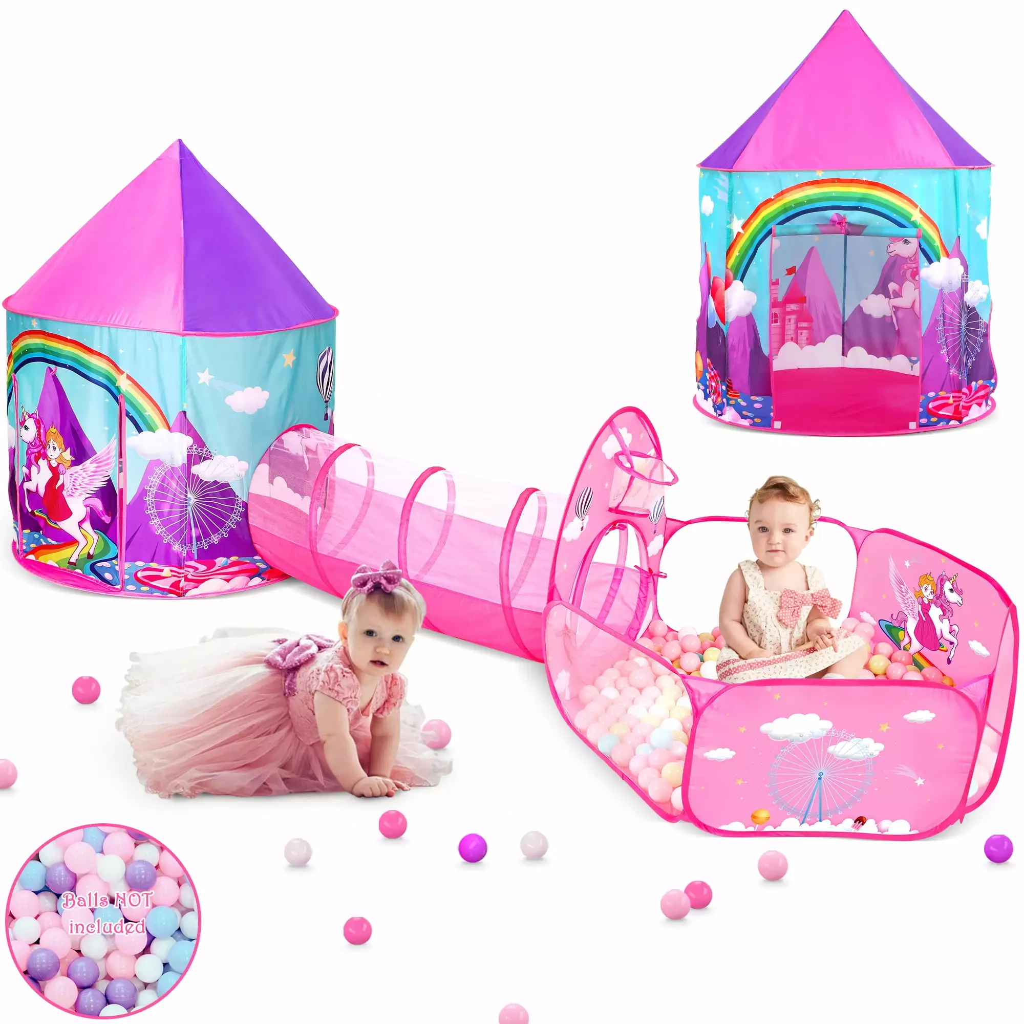 SISTICKER 3pc Princess Tent for Girls with Kids Tunnel & Baby Ball Pit for Toddlers Indoor Outdoor