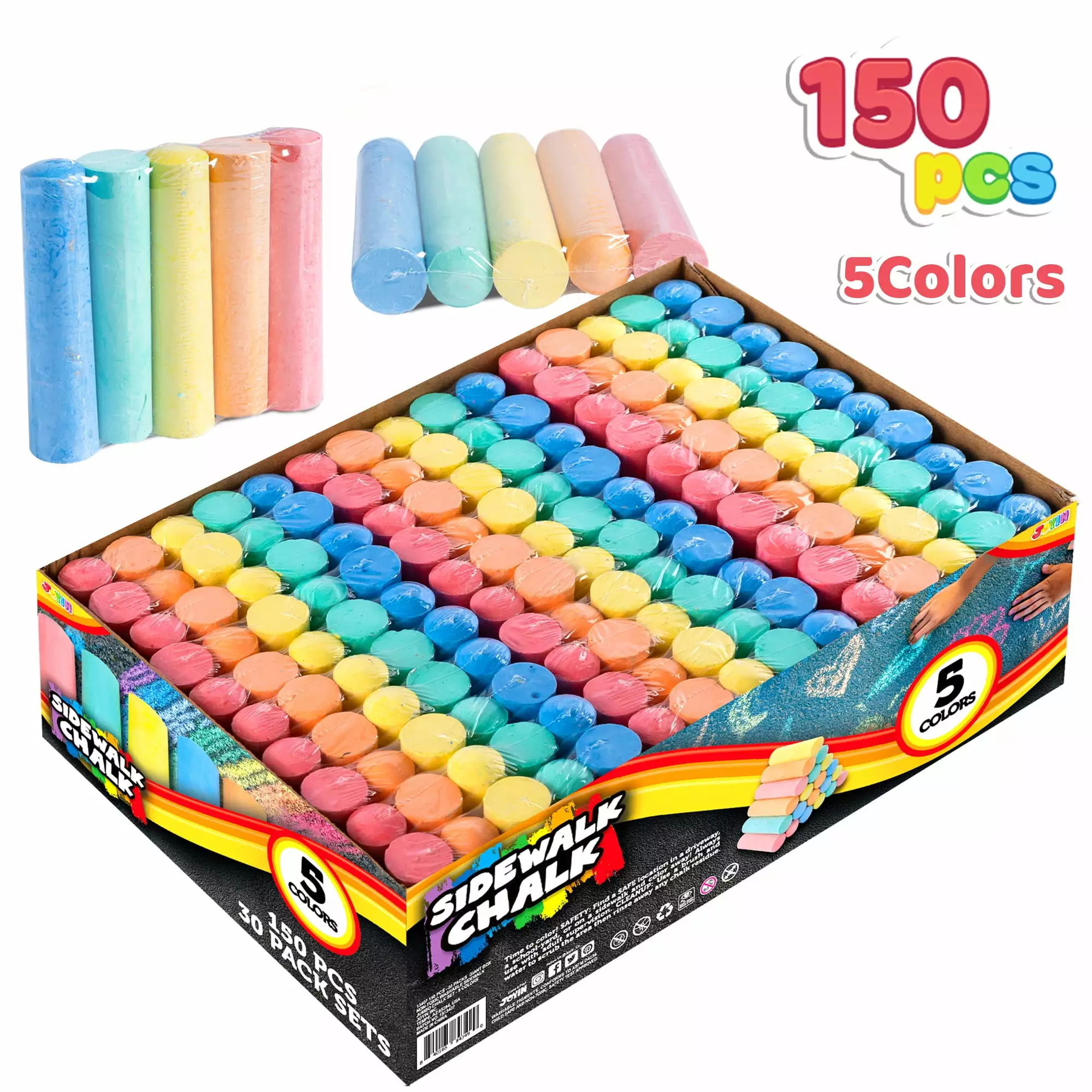 SYNCFUN 150PCS Washable Sidewalk Chalks.Giant Box Non-Toxic Jumbo Washable Chalk for Outdoor Art Play. Playground.5 Colors