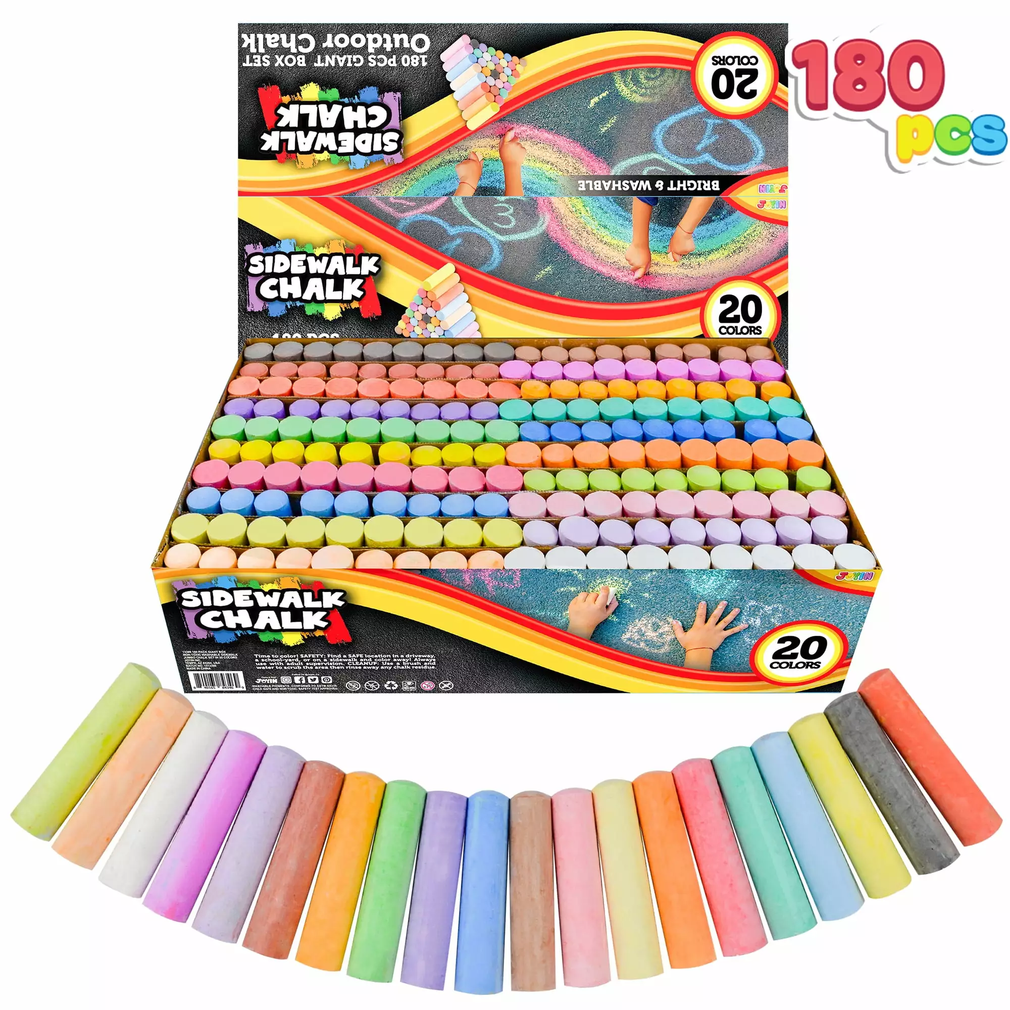 SYNCFUN 180PCS Washable Sidewalk Chalks. Outdoor Non-Toxic Jumbo Chalk Set for Art Play. 20 Colors