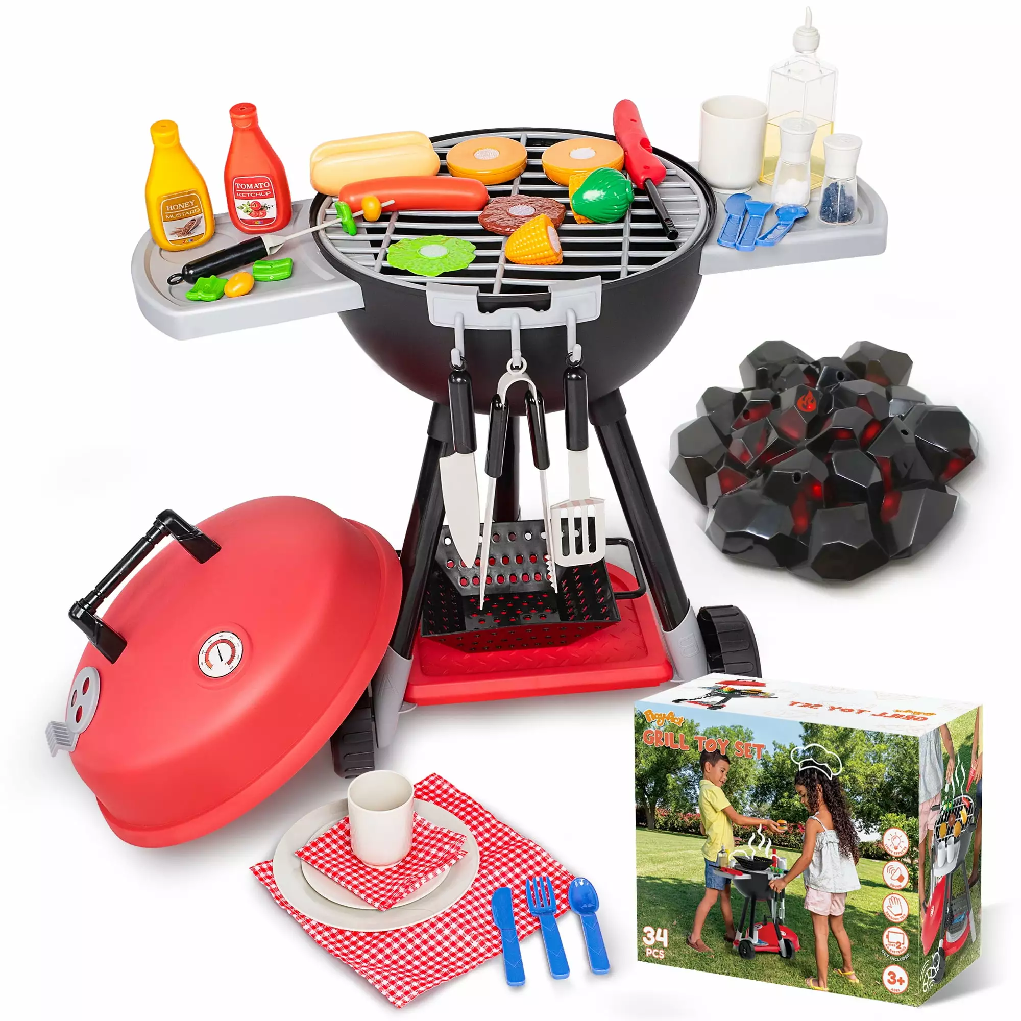 SYNCFUN 34 Pcs Kids Kitchen Playset. Toy BBQ Grill Set. Play Food Cooking Toy Set for Toddlers 1-3-5