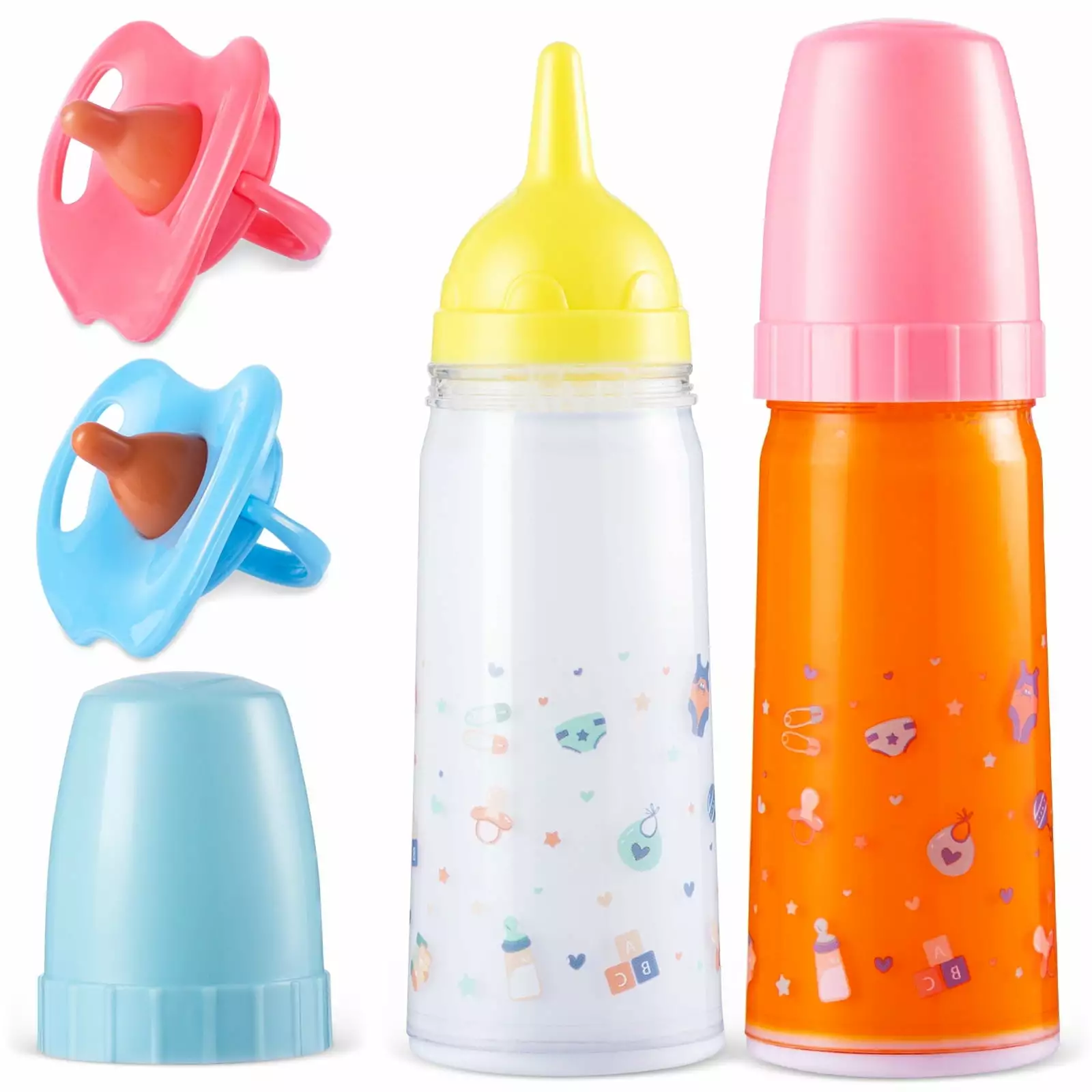 SYNCFUN Baby Doll Magic Bottle Set. 2 Disappearing Magic Milk & Juice Bottles with Caps and 2 Toy Pacifiers for Girls Christmas Birthday Gift