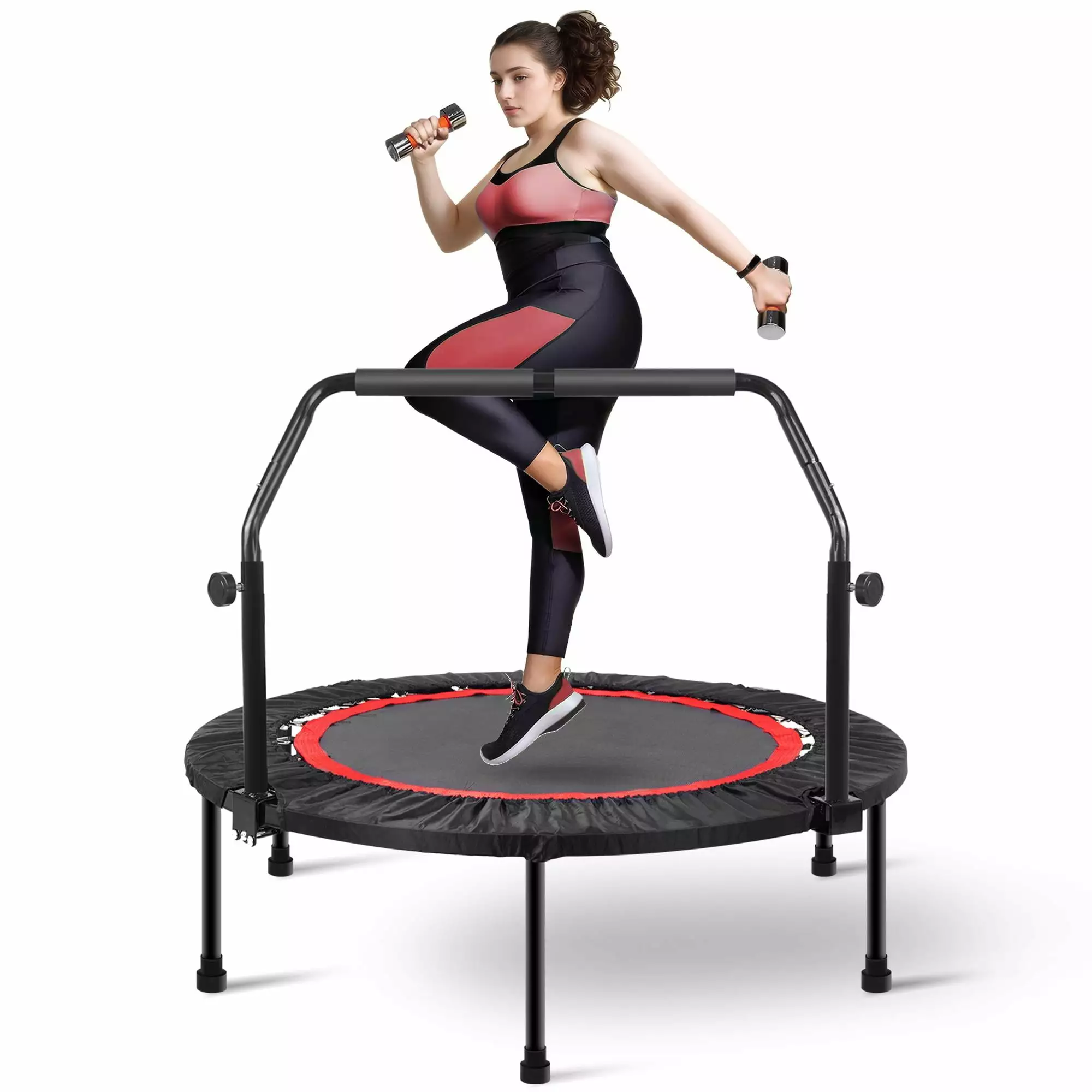 Segmart 40'' Fitness Trampoline. Foldable Mini Indoor Garden Workout Trampoline for Adults. Exercise Rebounder Trampoline with Adjustable Foam Handle. 330 lbs. Black