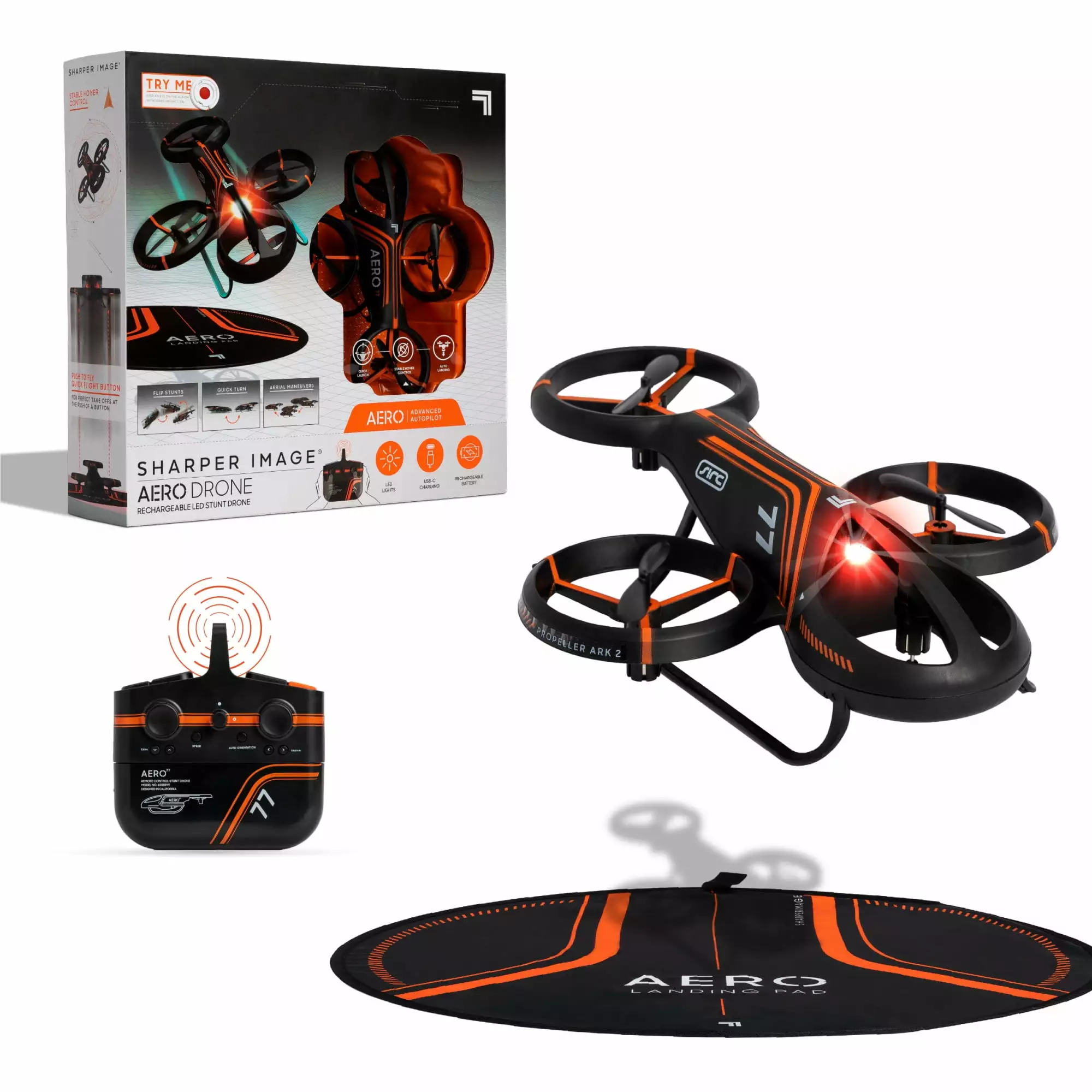 Sharper Image? Rechargeable LED Aero Stunt Drone for Teens. Orange/Black. 8.5 in x 6.5 in