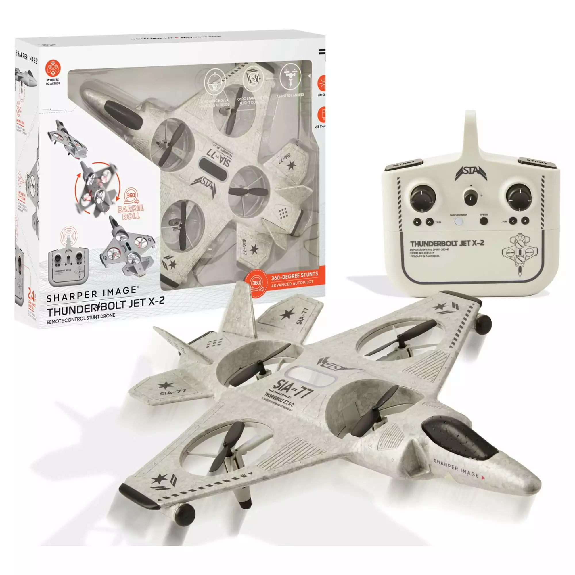 Sharper Image Toy RC Thunderbolt Jet X-2 Stunt Drone. Gray