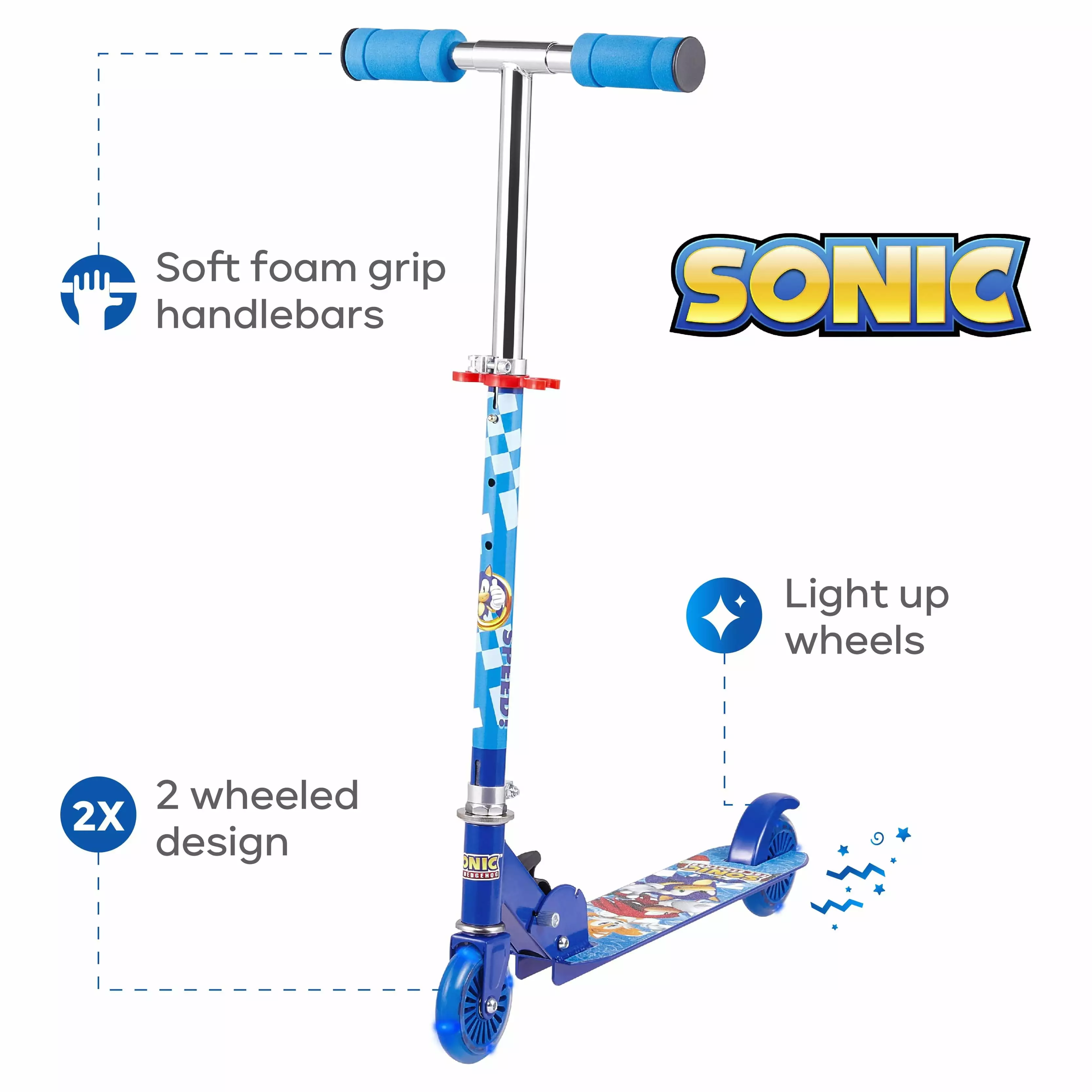 Sonic Kick Scooter with Light Up Wheels. Blue Scooter for Kids Ages 5+