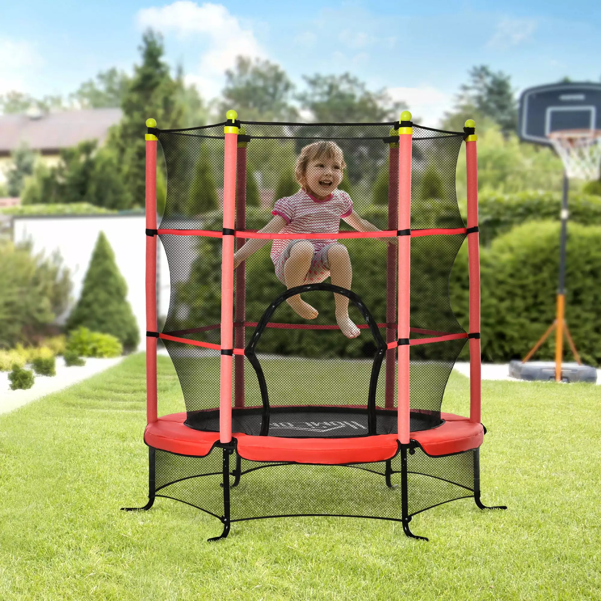 Soozier 5.3' Kids Trampoline with Safety Enclosure for 3-10 Years. Red