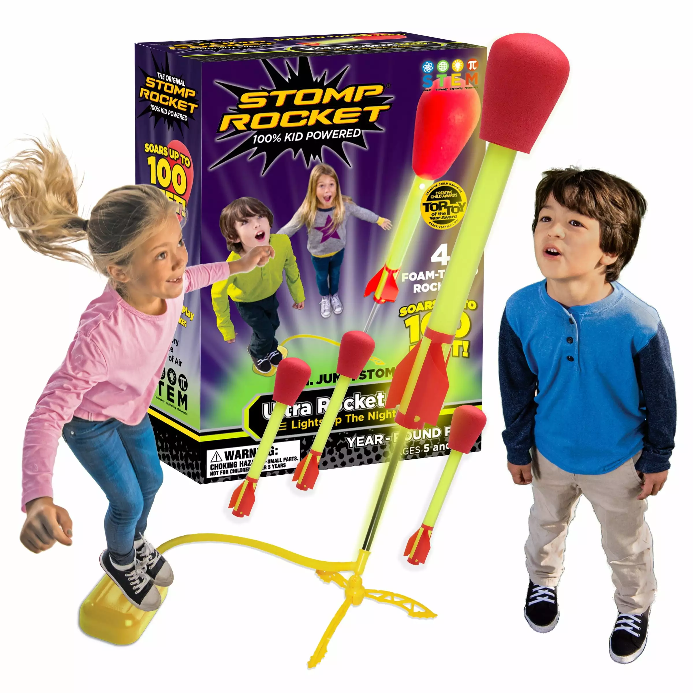 Stomp Rocket Original Ultra LED Rocket Launcher for Kids. Soars 100 Ft. 4 LED-Light Foam Rockets and Adjustable Launcher. Gift for Boys and Girls Ages 5 and up