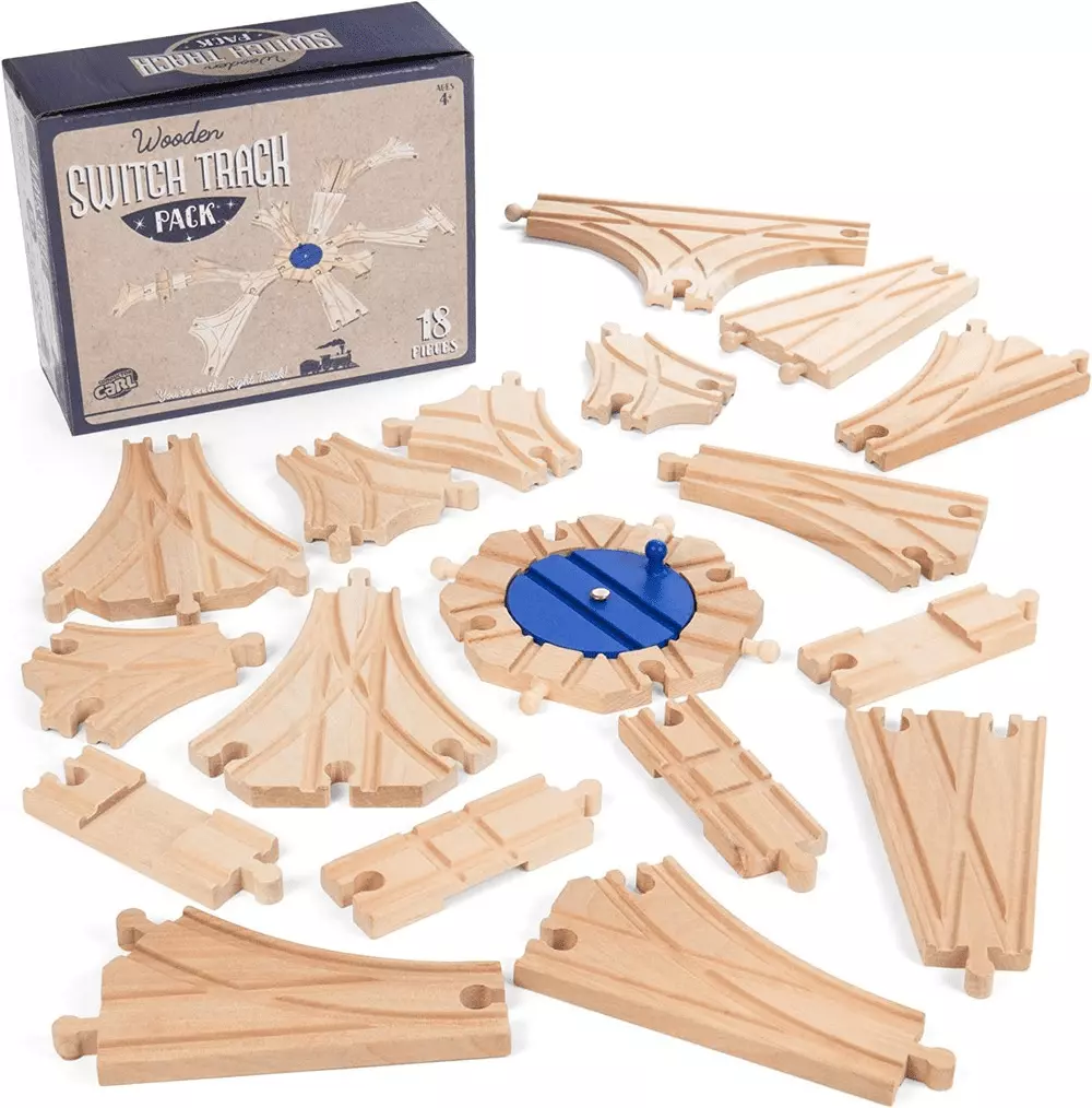 Switch Track Wooden Train Set (18 pcs.) - 8 Way Turntable Rail Station Accessory. Curved Switch Tracks. Basic and Advanced Pieces - Expansion Compatible with All Major Classic Toy Train Hobby Brands