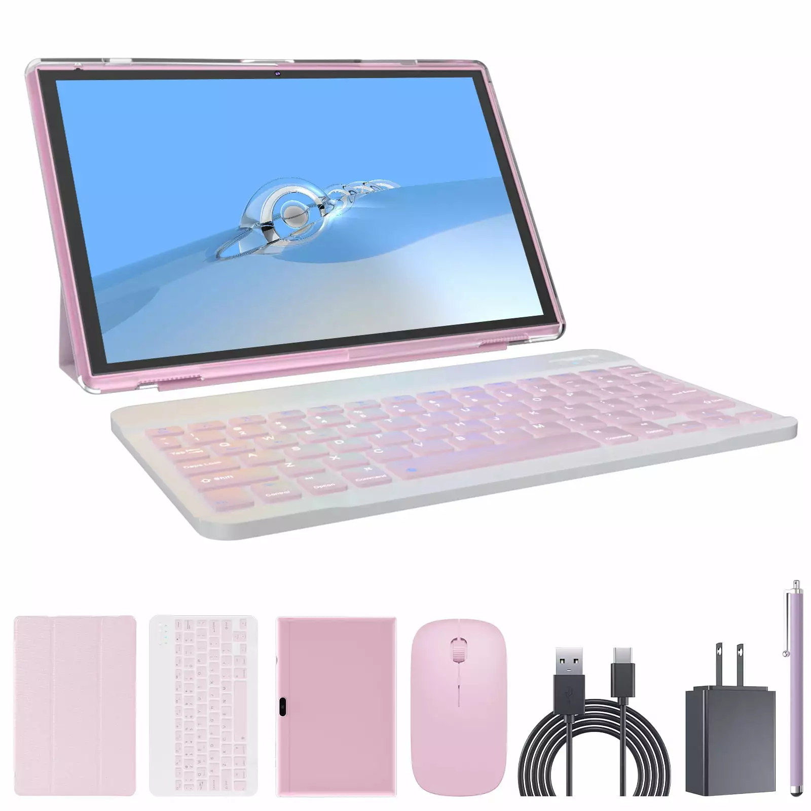 Tablet 2 in 1 Tablet with Keyboard Case Mouse Stylus Pen. 10 inch Tablet Android Tablets PC. 10.1 HD Tab 6000mah Battery 32GB+512GB Expandable 2MP+8MP Dual Camera Tableta Computer Pink