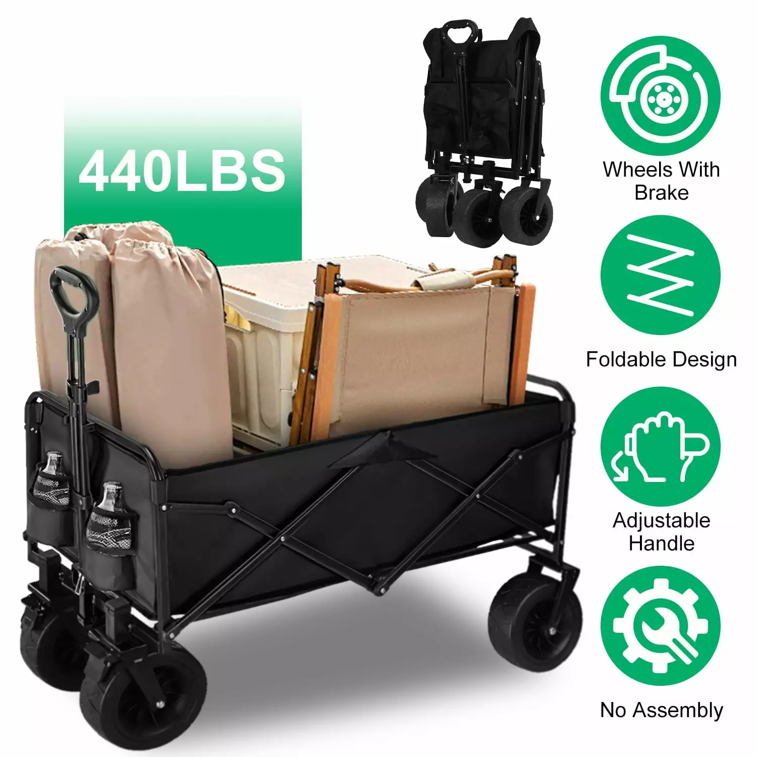 Teqhome 200L Collapsible Wagon Cart 440LBS Load Capacity Camping Wagon with Drink Holders Adjustable Handle 8 All-Terrain Wheels Brake for Outdoor Beach Garden Picnic Black