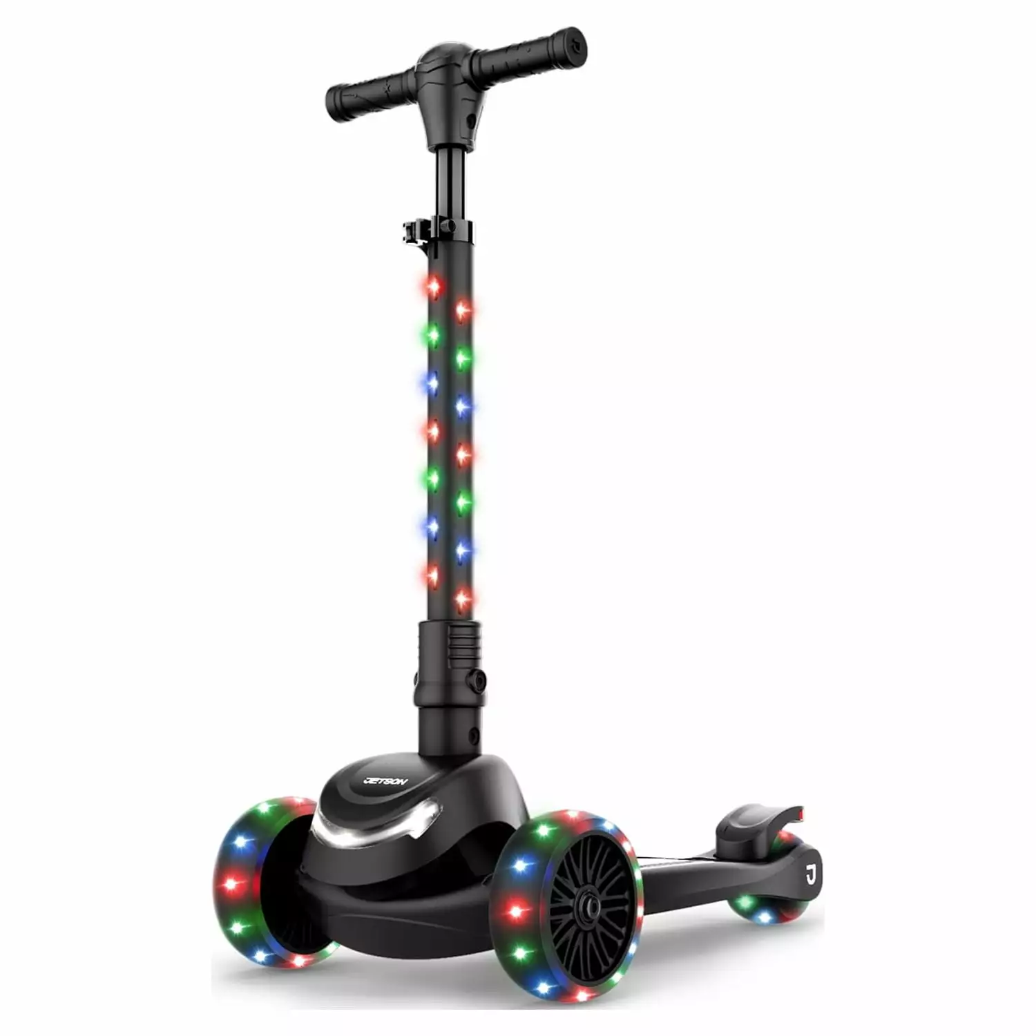 The Jetson Jupiter Mini Kids 3 Wheel Scooter Black. for Ages 3+. LED Light-up Wheels and Stem. Height Adjustable. Unisex