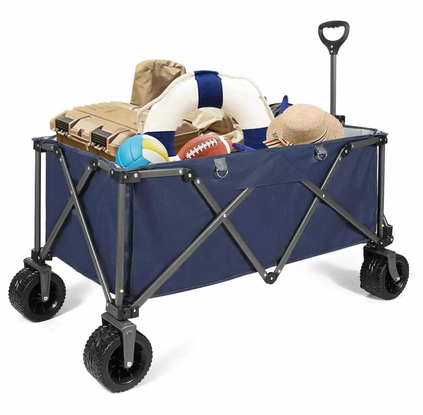 TiaGOC Collapsible Beach Cart with Big Wheels for Sand. 7.3 CU. FT Heavy Duty All- Wagon with Drink Holder for Camping. Shopping. Outdoor Sport