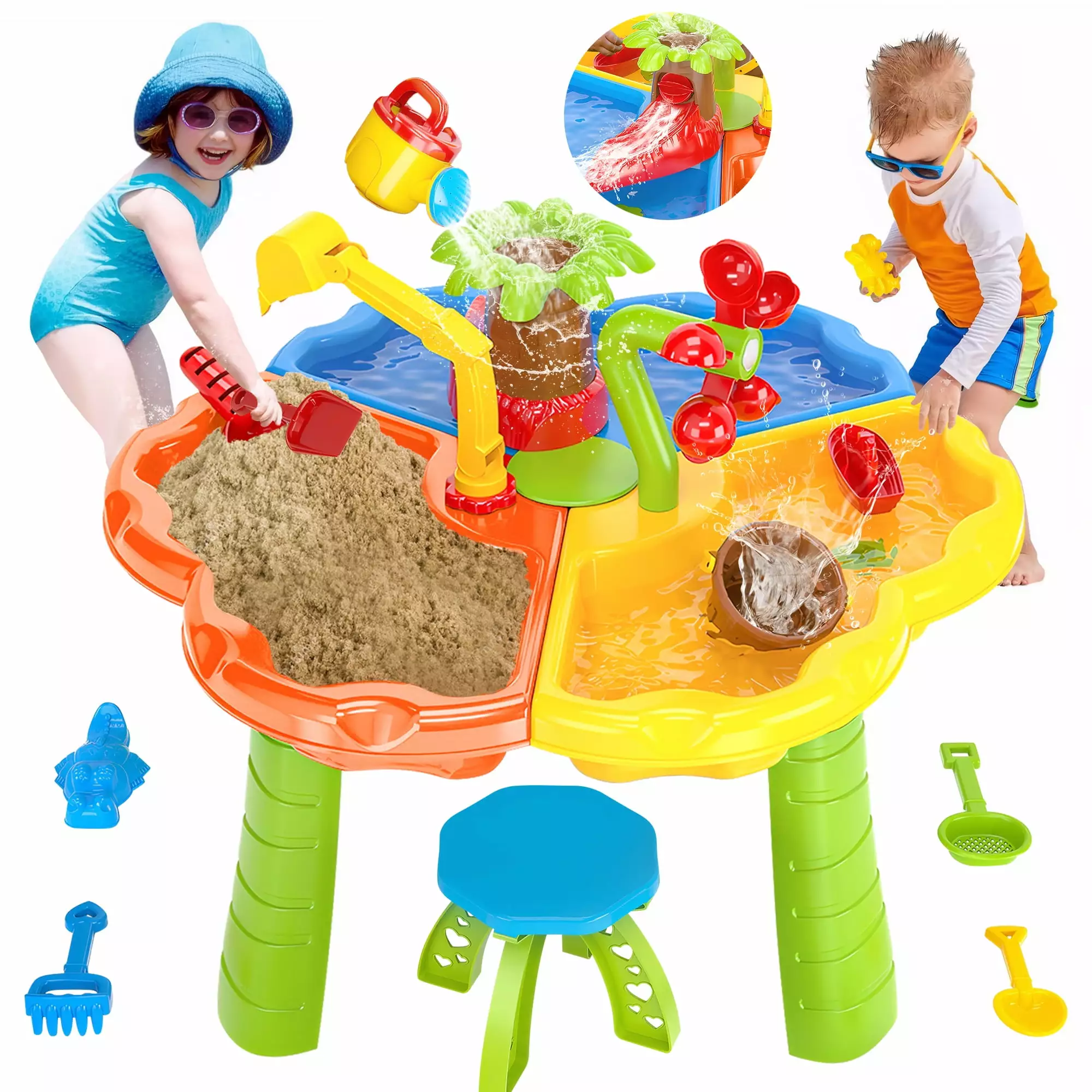 Toddler Water Table with Stool. 4 in 1 Outdoor Sand and Water Table Toy Play Set for Kids. Sensory Table with 33 Water Sand Toy Accessories for Outside Beach. Perfect for Toddlers Baby 1-5 Gift