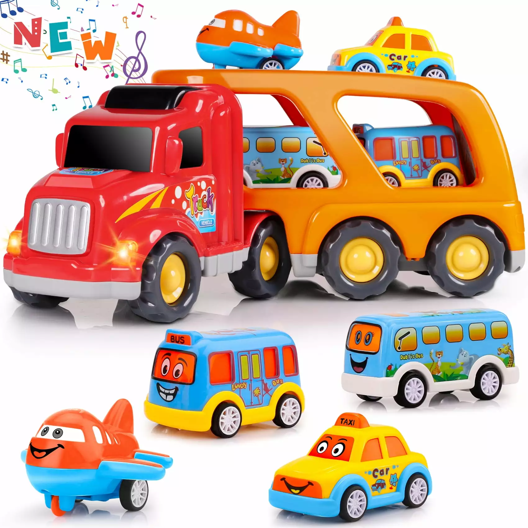 Toy Cars for 1 2 3 4 5 6 Year Old Boys. Boy Toys 5 in 1 Carrier Toy Trucks. Colorful Assorted Vehicles. Transport Truck with Sound and Light. Best Gift for Boys and Girls 3-6 Years