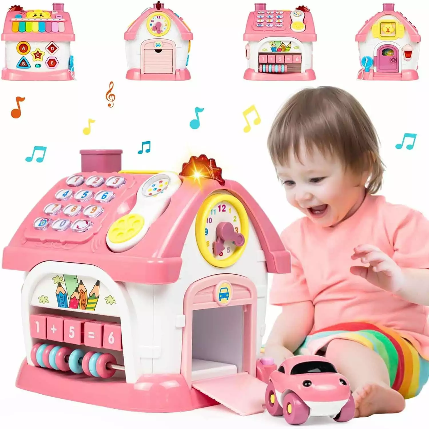 Toys for 1+ Year Old Girls. Montessori Toddlers Toys with Sound/Lights/Music/Clock/Telephone/Car 6 in 1 Multi-Functional House. Early Educational Birthday Gift for Girl and Boy