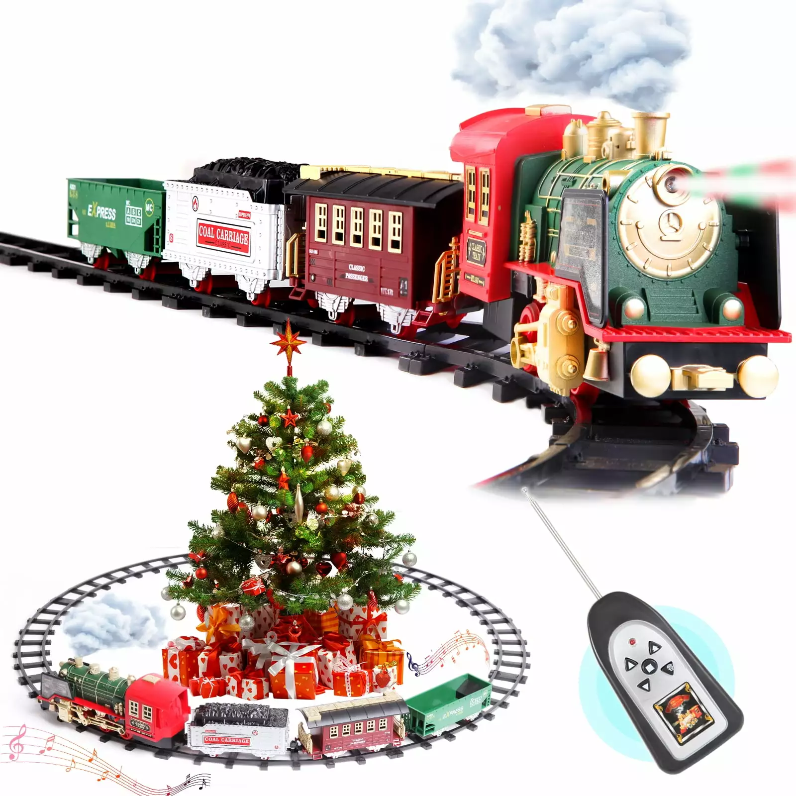 Train Set for Christmas Tree. Updated Chargeable Remote Control Electric Train Toy for Boys Girls w/Smokes. Lights & Sound. Railway Kits w/Steam Locomotive Engine. for 2 3 4 5 6 7 8+ Year Old Kids