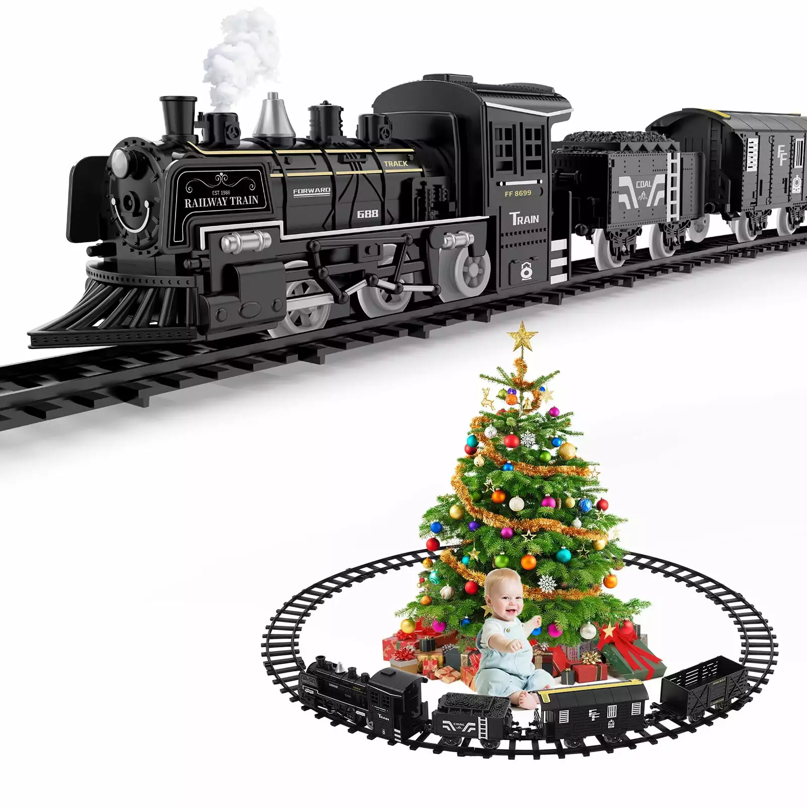 Train Set for Kids. Remote Control Metal Alloy Model Train Toy with Steam & Sound & Light. Electric Christmas Train Set for 3 4 5 6 7 8+ Year Old Kids