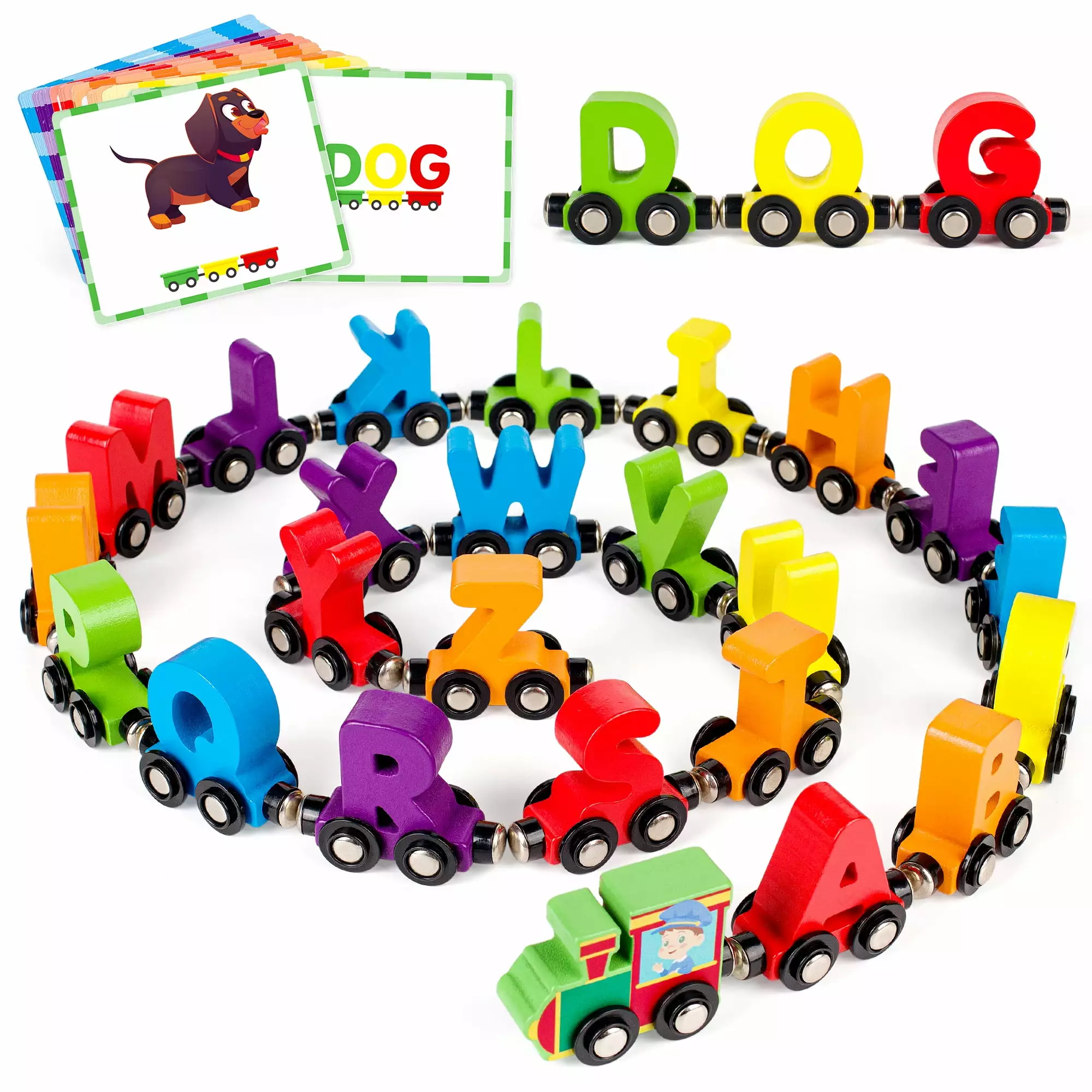 Vanmor 27 PCS Magnetic Wooden Alphabet Train Sets | ABC Letter Learning Toy Trains with 42 PCS Flash Cards. 1 Engine. 1 Storage Bag | Toddlers Kids Boys Girls Educational Toys for 3 4 5 6 7 Years Old