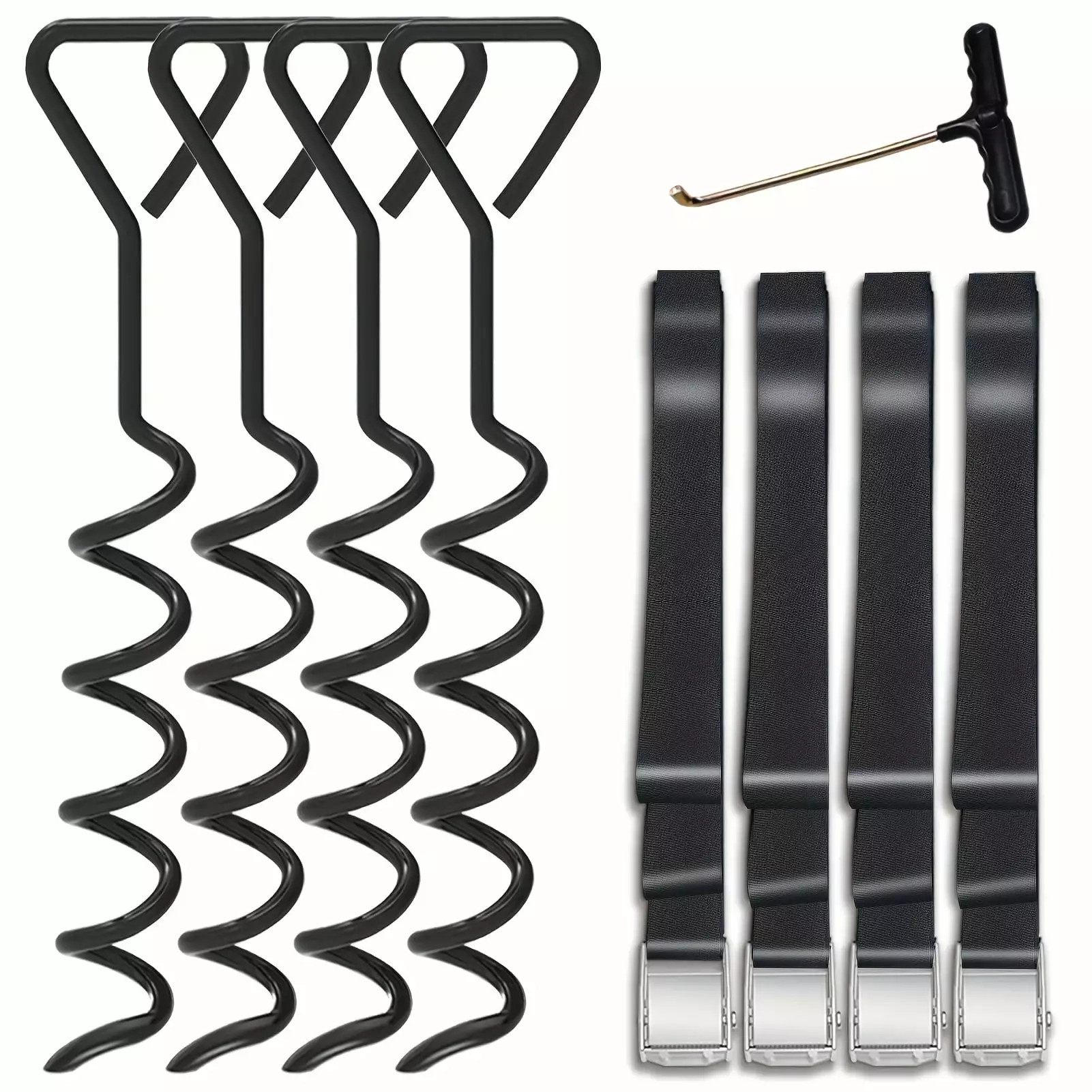 Trampoline Stakes Kits for All Models. Outdoor Corkscrew Steel Anchor with T-Hook (4 Pcs. Black)