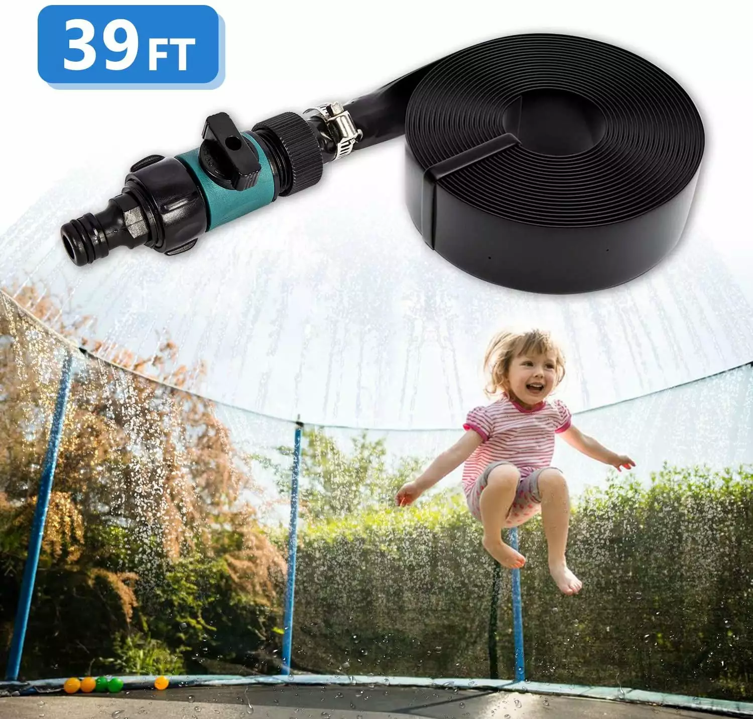 Trampoline Water Sprinkler for Kids - Boys Girls Fun Summer Outdoor Water Sprinkler Accessories - Made to Attach On Safety Net Enclosure