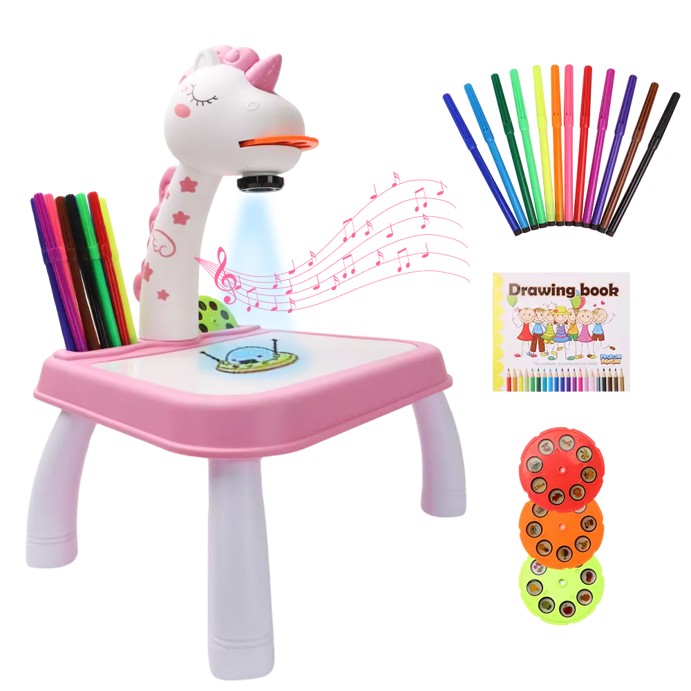 UNI Drawing Projector Toy.Kids Tracing and Drawing Projector Toy.Art Sketch Projector with Light & Music Includes 12 Color Pens.3 Slides.Drawing Book.Canvas(Pink)