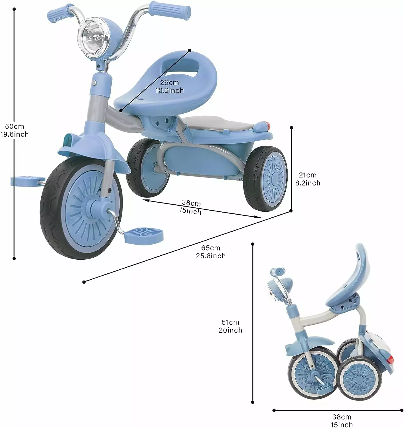 Ubravoo Toddler Foldable Tricycle Trike with Pedals PU Wheels Cool Lights.1-5 Years Girls Boys.Blue