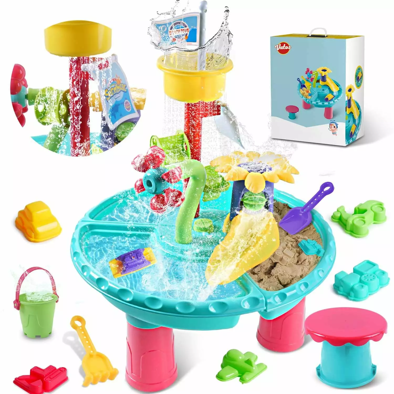 VATOS 3 in-1 Water Table for Toddlers. 31PCS Sensory Activity Sand Table Outside Backyard Summer Beach Toys for Kids Age 3-6