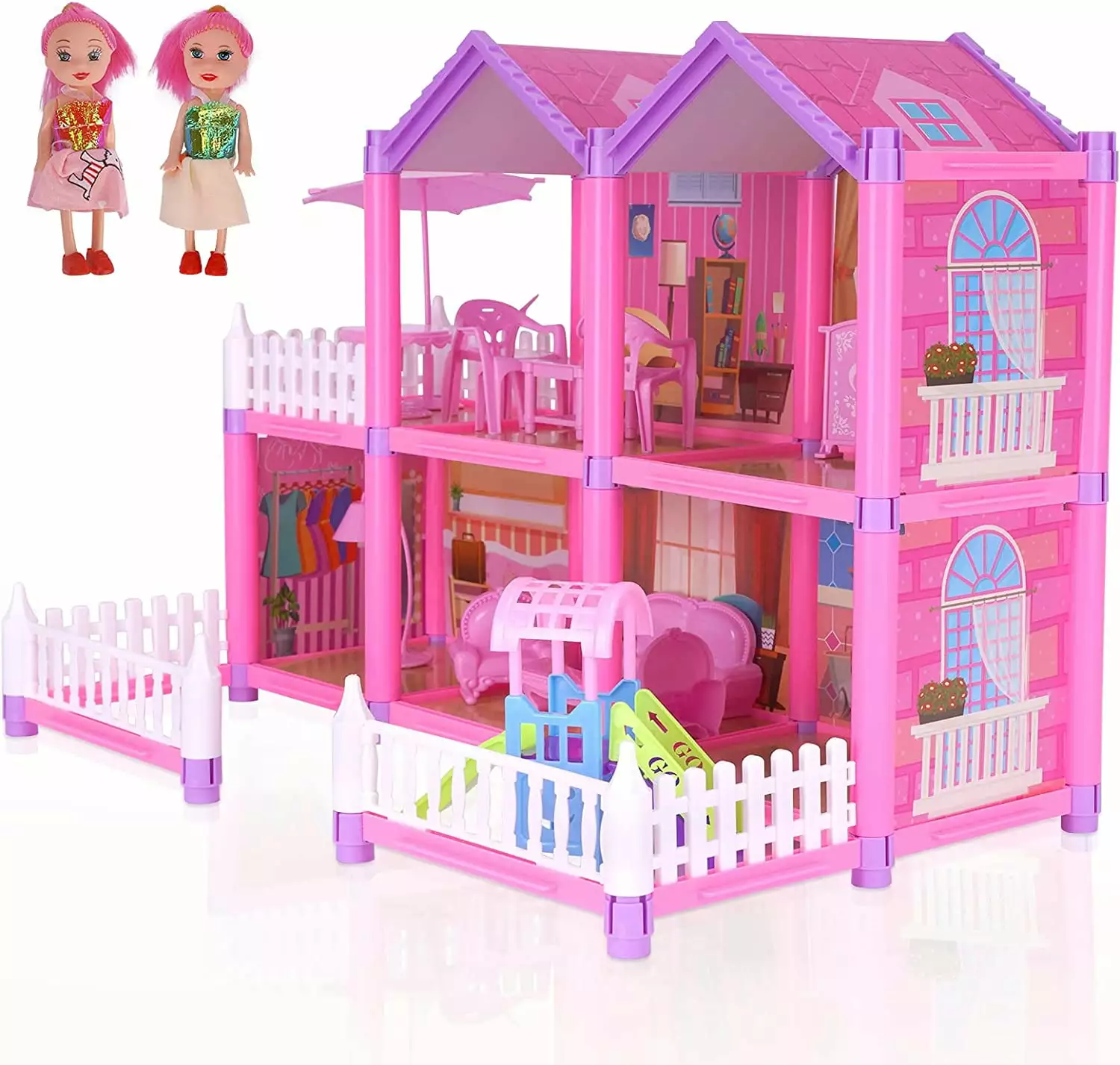 VILINICE Dreamhouse Doll House with 172 Pieces Including Fully Furniture & 3-Tier Princess Castle. Kitchen&Study&Bedroom Play Areas. Plastic