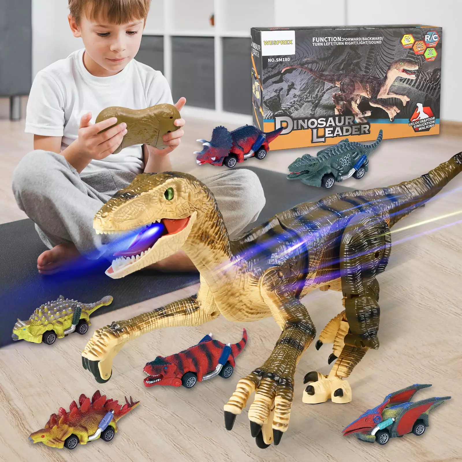 WESPREX Remote Control Dinosaur Toy Velociraptor for Kids with 6 Pull Back Dinosaur Cars. Walking Robot Dinosaur with Light & Roaring Simulation. Dinosaur Toys for Boys Girls Age 3 4 5 6 7 8 (Brown)