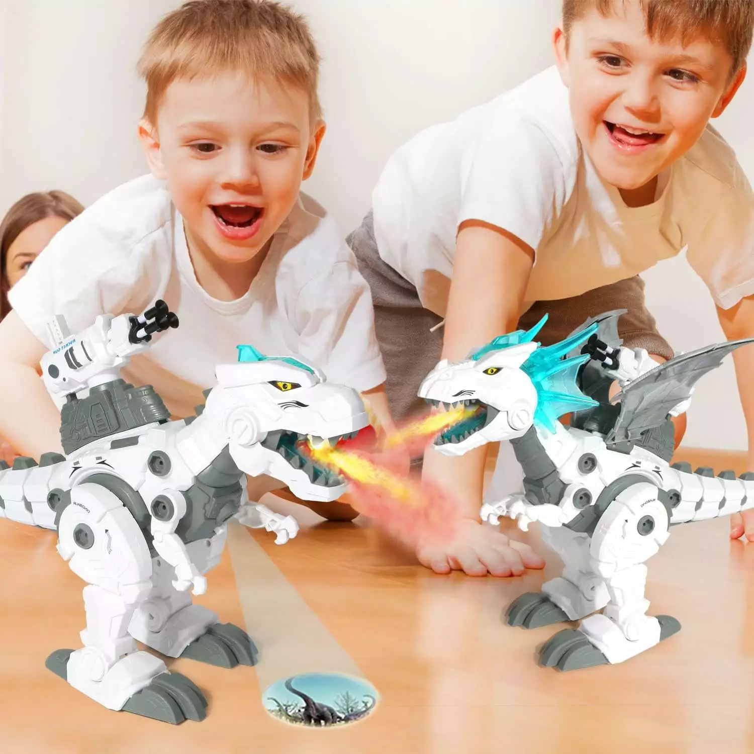 Walking T-Rex Dinosaurs Toy-with Water Mist Spray & LED Lights Glowing Eyes & Projection Toys-Electronic Dino Robot Model Kids Boys Girl Assembly Interaction Toy-Spray Fire Dragon-2PCS