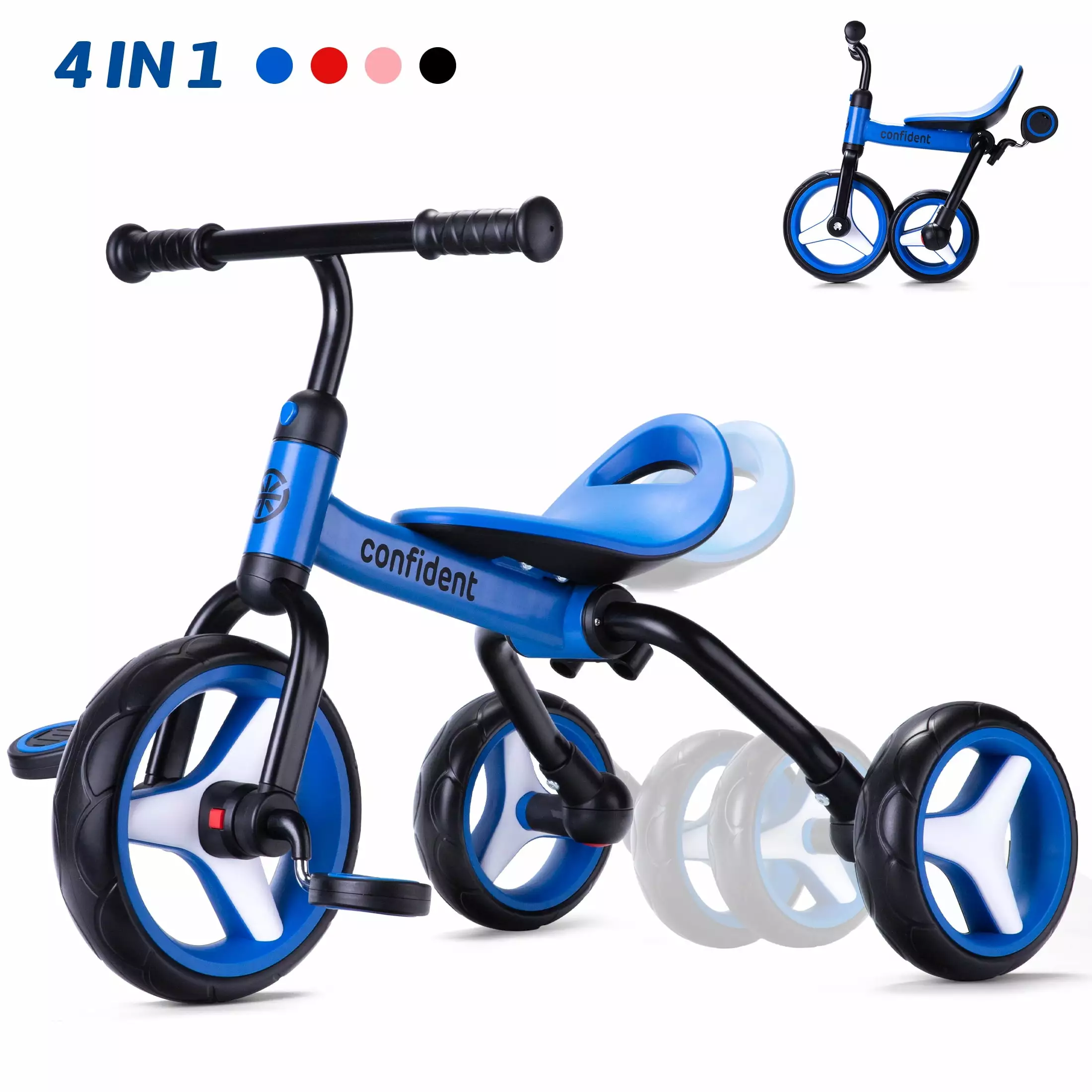 Wdmiya 4 in 1 Kids Tricycle for 2-5 Years Old Toddler. Folding Toddler Bike with Removable Pedals. Birthday Gift & Toys for Boy and Girl. Balance Training for Baby Bike Infant Trike. Blue