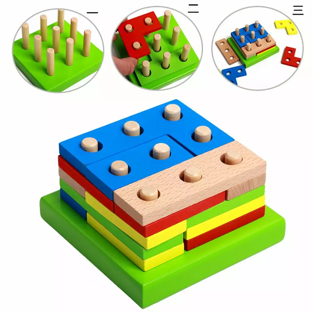 Weloille Wooden Sorting Montessori Toys. Shape Color Recognition Blocks Matching Puzzle Stacker Geometric Board Early Educational Puzzles for Years Old Boys and Girls