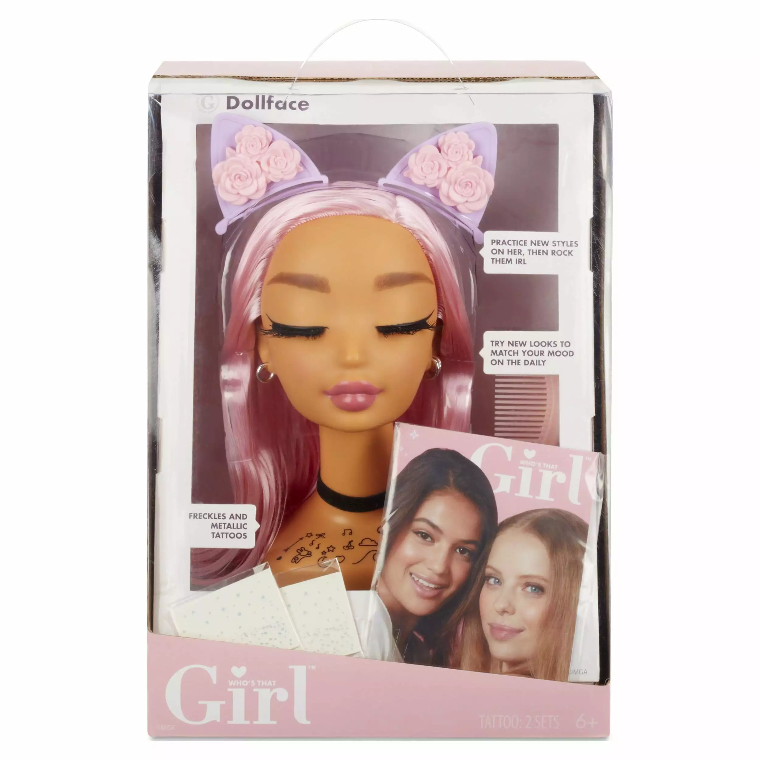 Who's That Girl Doll Face Styling Head with Comb. Accessories. Metallic Freckles. and Look Book