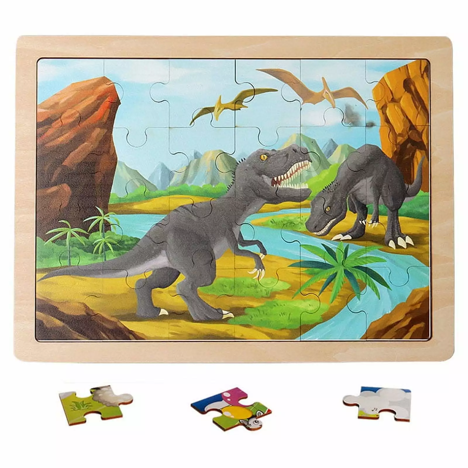 Wooden Dinosaur Puzzles for Kids Ages 3-5.4 Packs 24 PCs Jigsaw Puzzles Preschool Educational Brain Teaser Boards Toys Montessori Toys for 3 Years Old and Up.Style 03