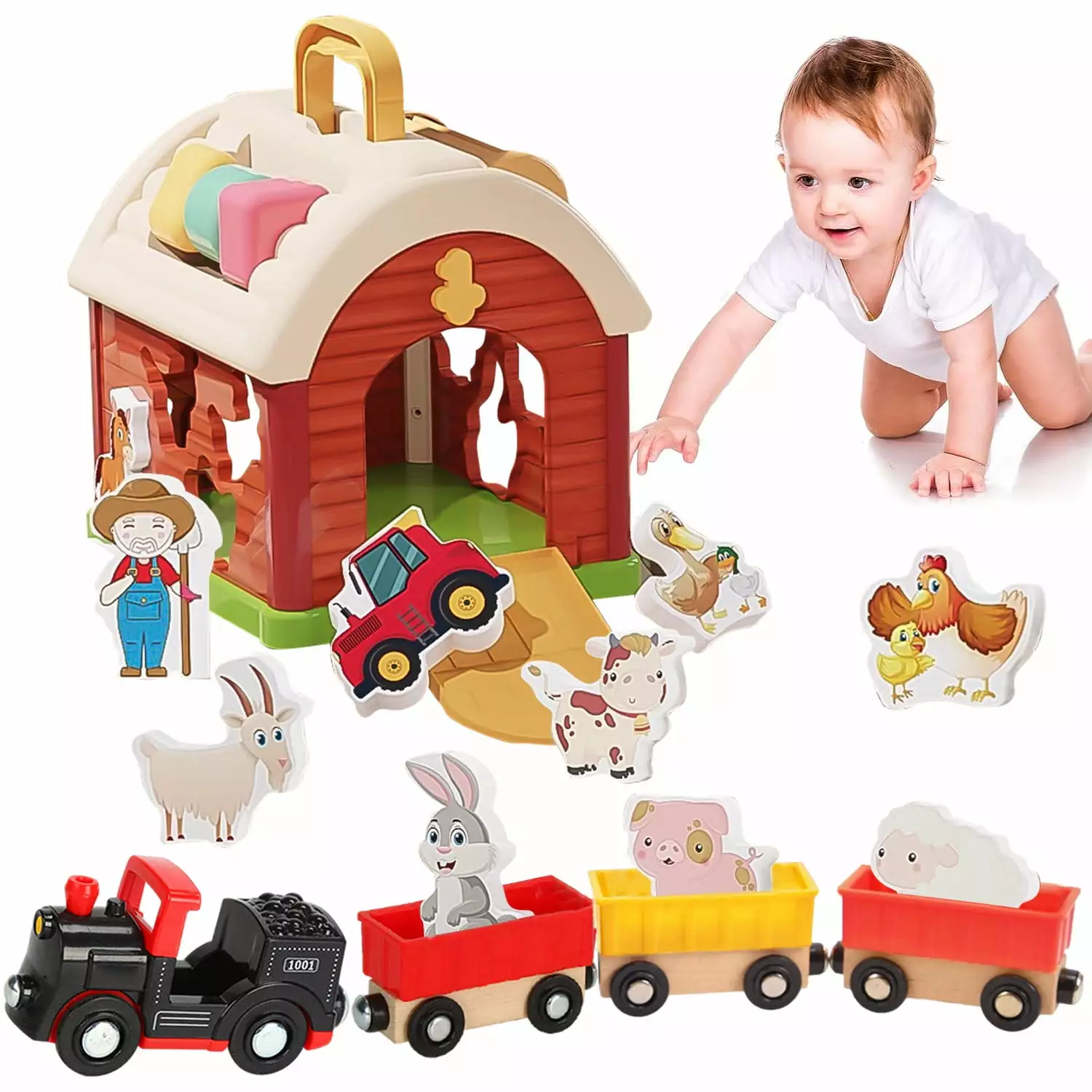 Wooden Farm Animals Toys. Take-Along Sorting Barn Toy with Wooden Train. Montessori Toys for 1 2 3 Year Old Boys and Girls. Christmas Birthday Gifts for Toddlers 1-3